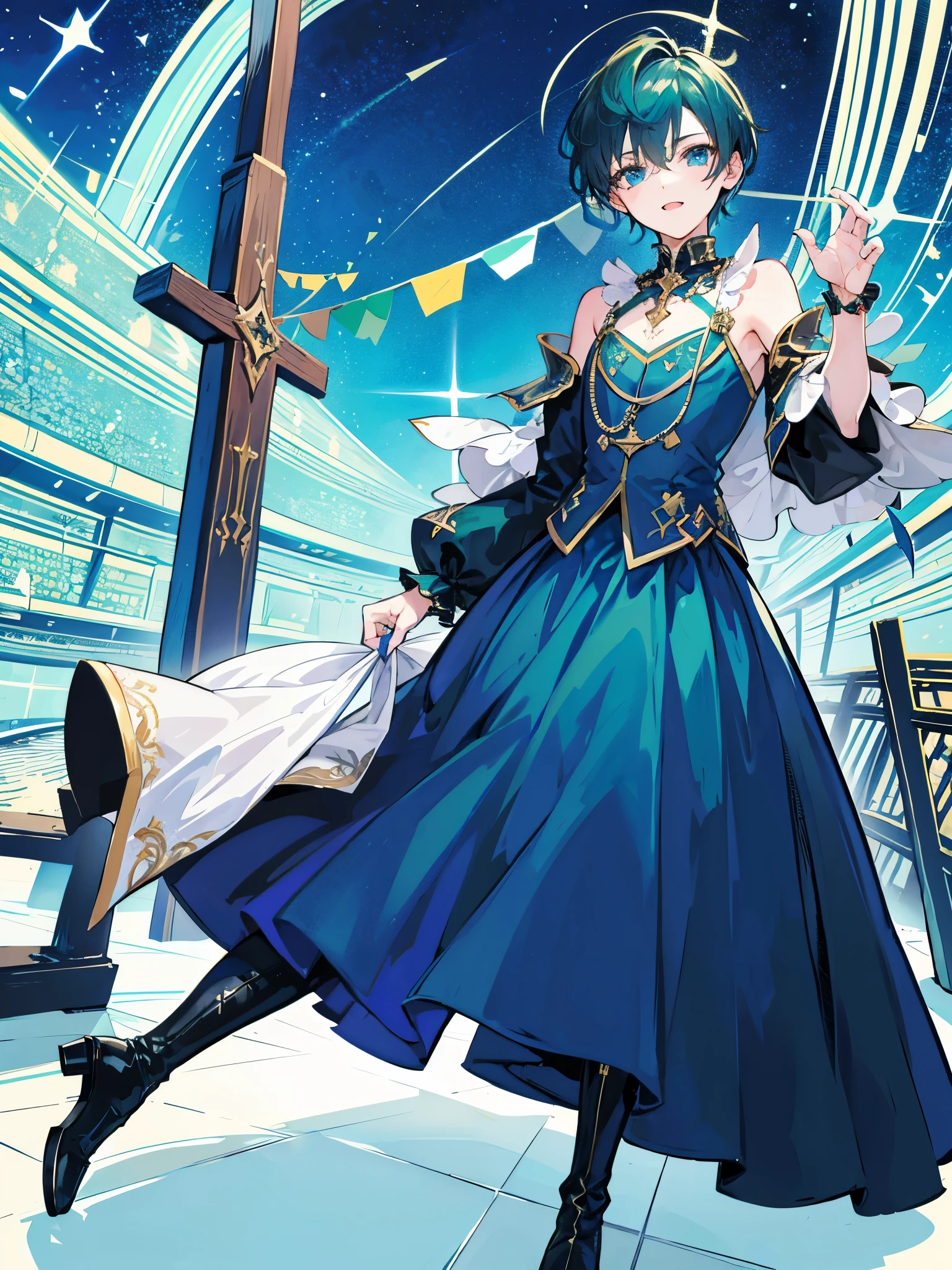 ((a boy)), darkgreen hair, peacockblue eyes, ((idol costume)), ((Cross-dressing)), long boots, ((Beautiful boy)), ((individual)), ((dress)), running, Running posture