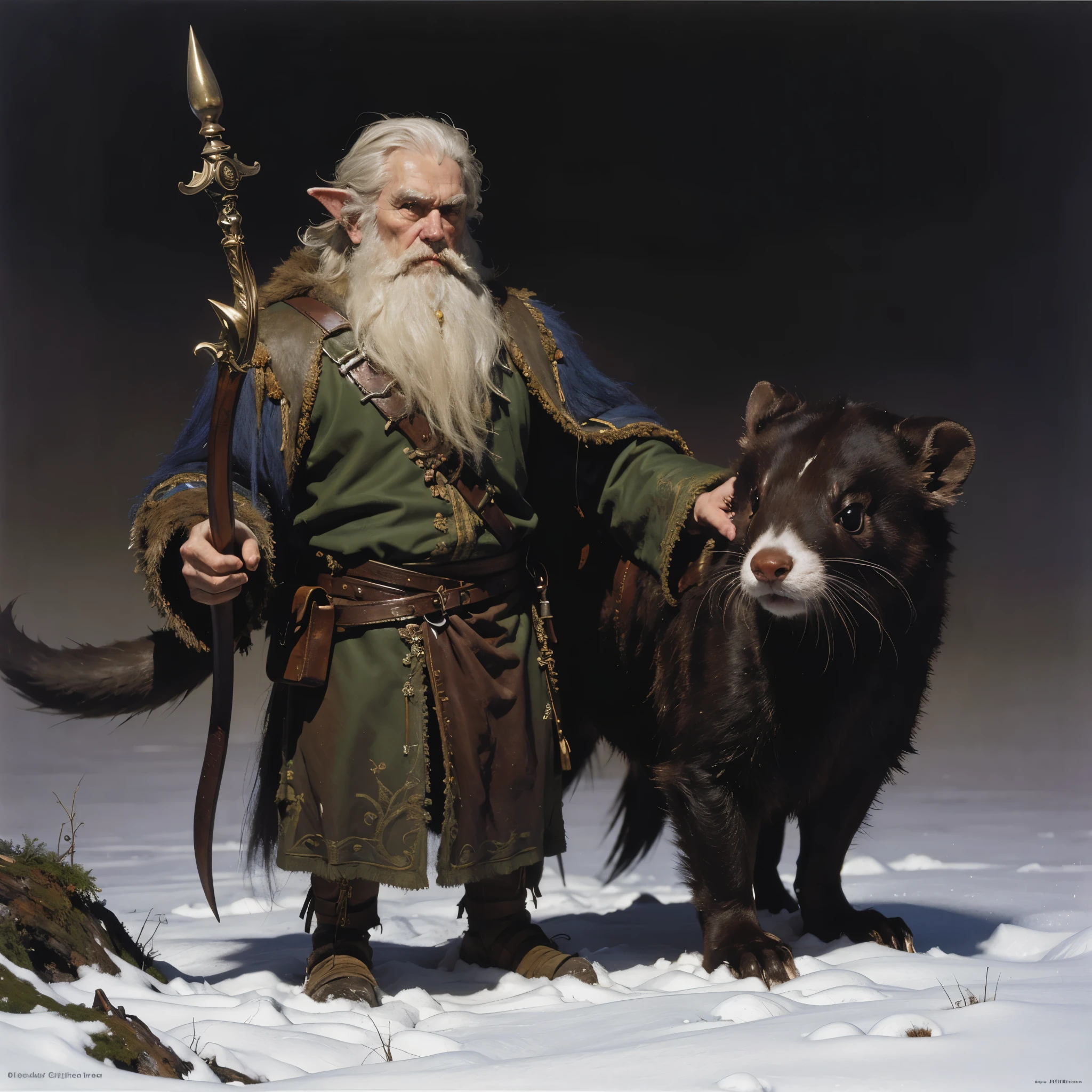 8k, the most beautiful d&d painting artwork, Forground: a fantasy druid goblin gnome with a beard standing barefoot beside a brown giant weasel giant ferret he is holding a magic wooden Staff, pointy ears, big nose, thick eyebrows, he is wearing a blue winter coat with a leather belt at the waist, leather pouches. Background: midday sun, clear sky, A winter forest, ground covered by snow, trees. Render the scene: art style of Donato Giancola and Patrick J Jones, sharp focus, (highly detailed:1.4), oil painting, ambient Light.