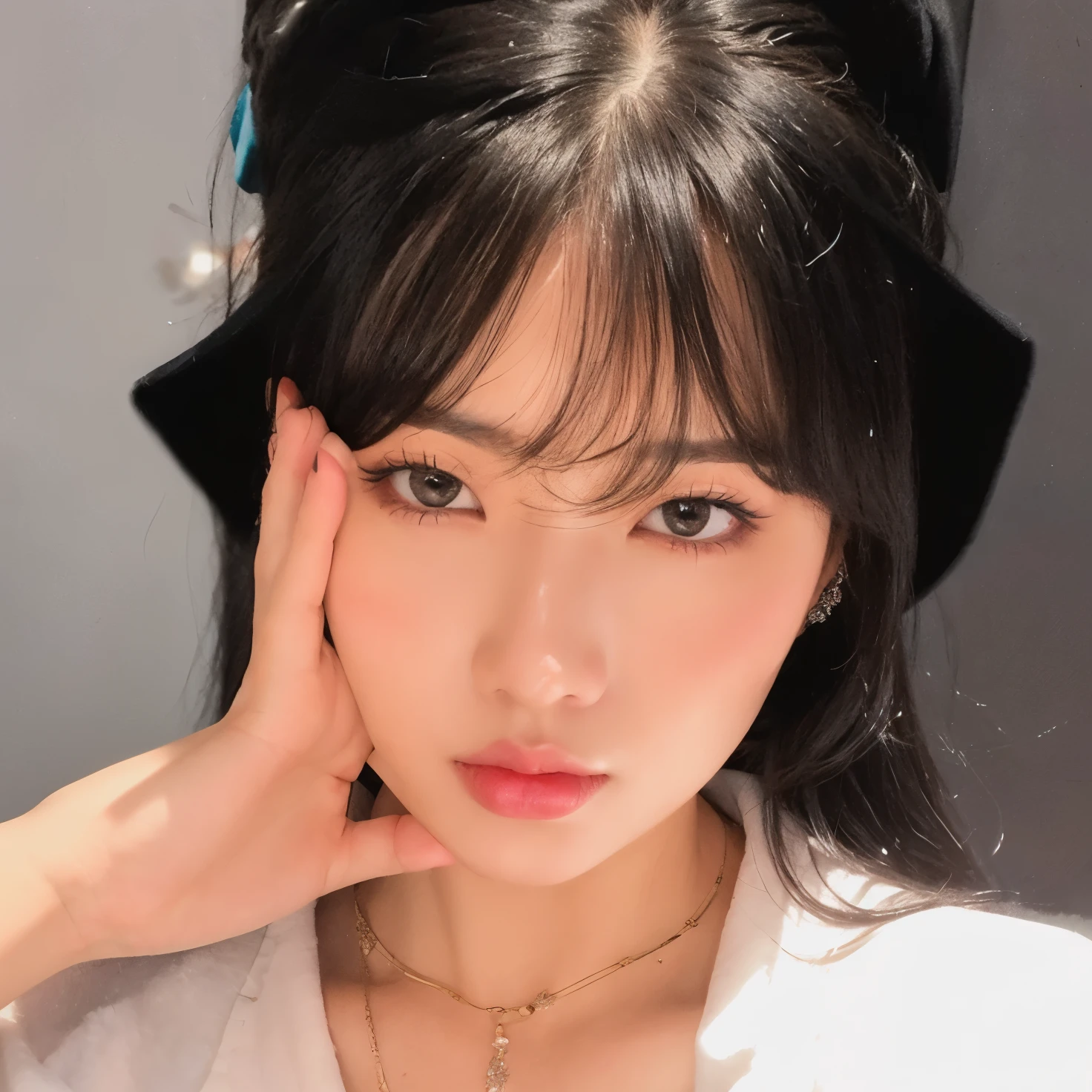 there is a woman with a black hat and a necklace on, ulzzang, she has black hair with bangs, curtain bangs, jinyoung shin, lalisa manobal, with bangs, neat hair with bangs, fluffy bangs, jaeyeon nam, heonhwa choe, blunt bangs fall on her forehead, portrait of jossi of blackpink, sun yunjoo