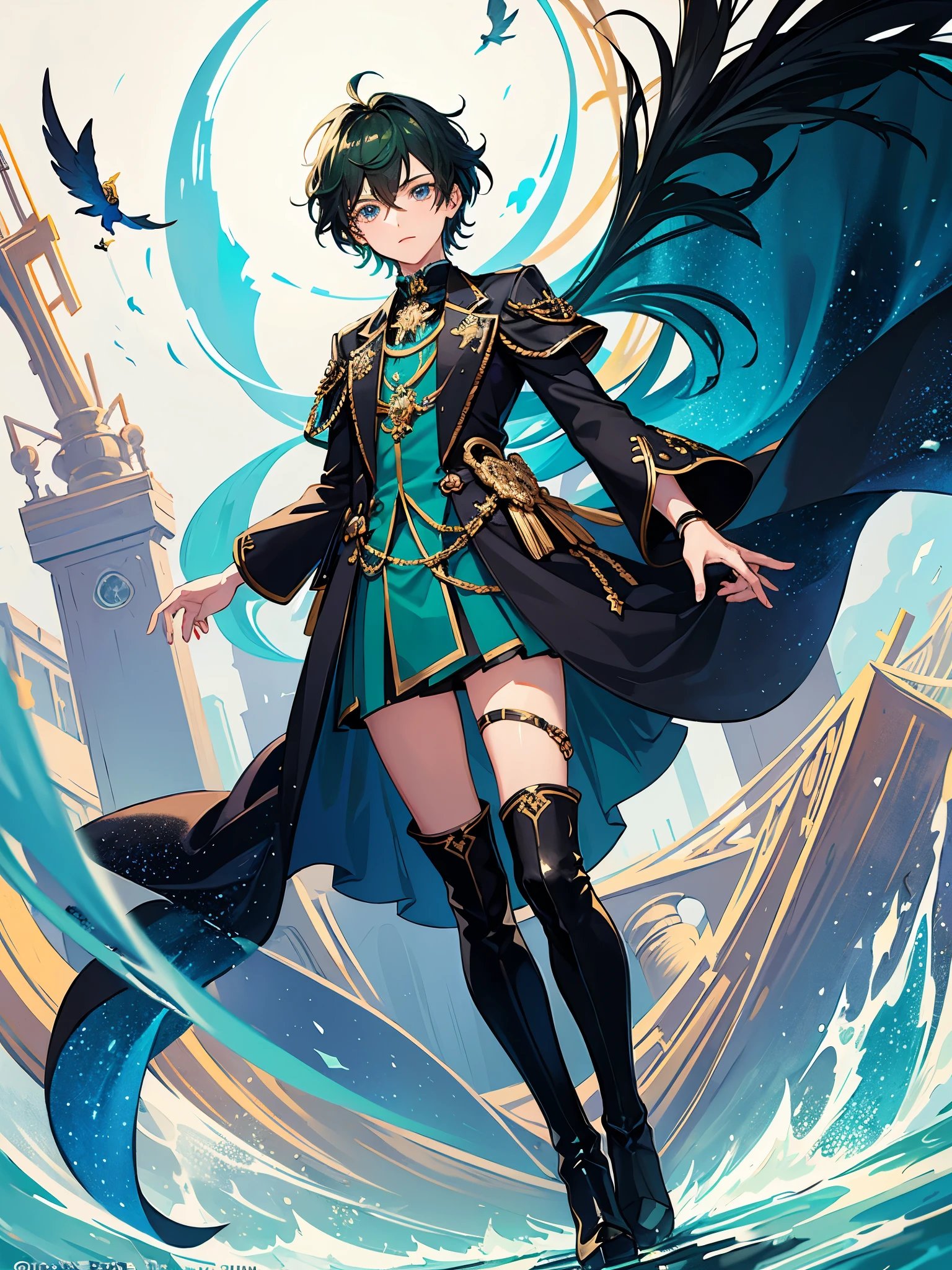 ((a boy)), darkgreen hair, peacockblue eyes, ((idol costume)), ((Cross-dressing)), long boots, ((Beautiful boy)), ((individual)), ((dress))
