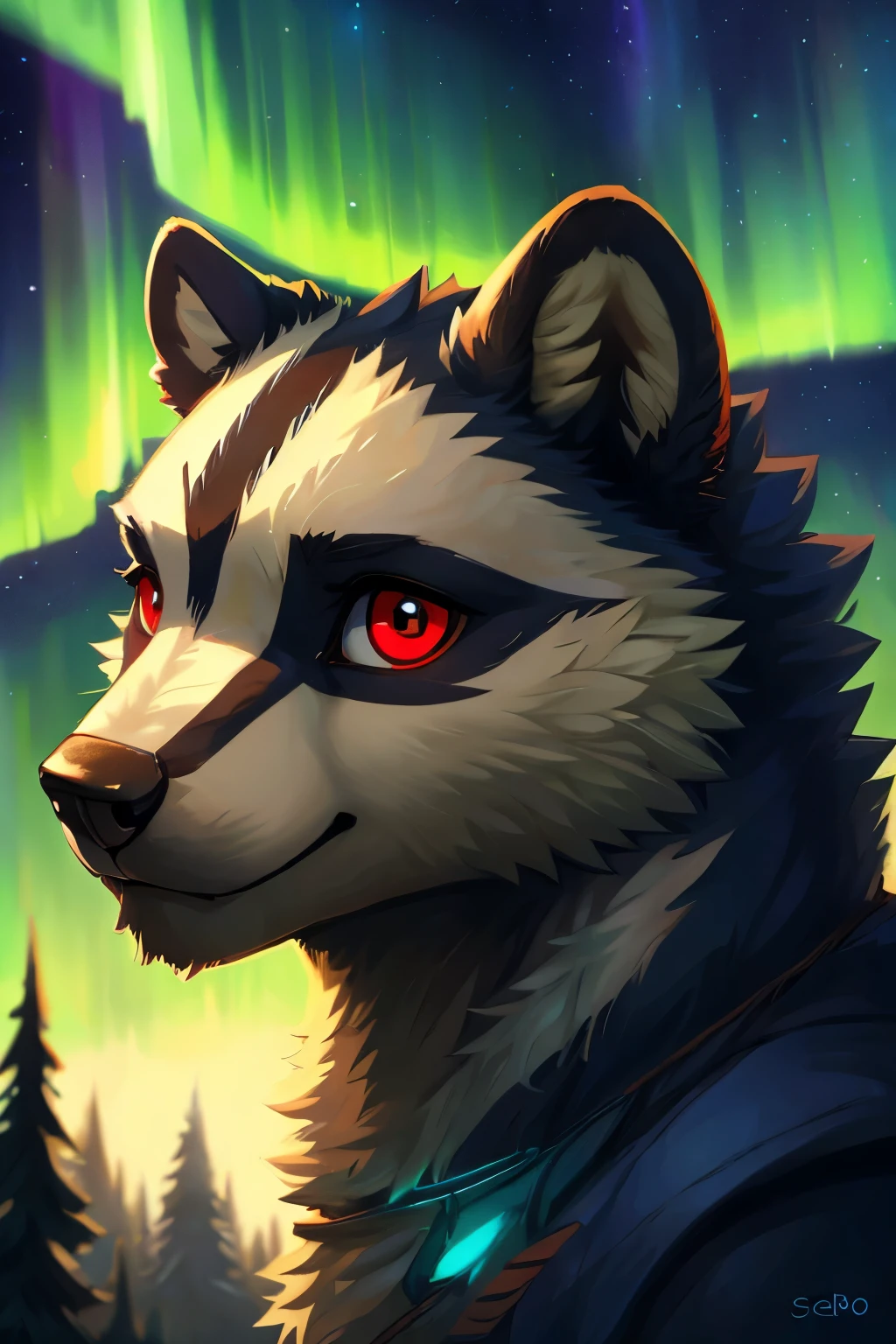 by photonoko, by seibear, by zackary911, feral, furry, animal, badger, male badger, fluffy, beautiful, anthropomorphic animal, detailed eyes and face, red beautifull eyes, long eyelashes,bright colors,portrait,realistic, sharp focus, vivid colors, fluffy, sentado, bosque, noche, aurora boreal, face portrait, face focus,beautifull pastel colors