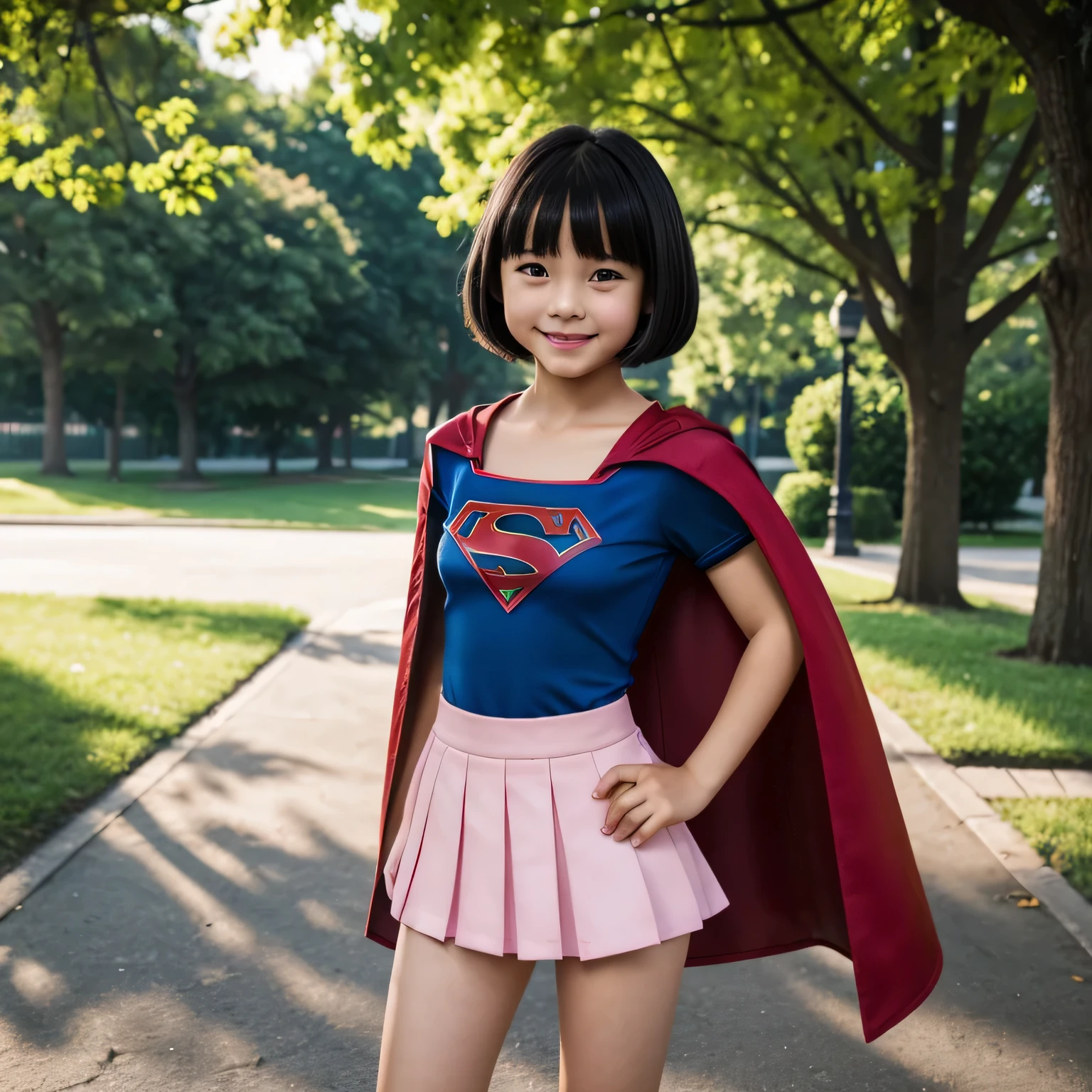 A very elementary school student is wearing Supergirl clothes..、masterpiece、highest quality、Spreading black hair、bob cut with trimmed ends、(flat chest)、con、red cloak、short sleeve、many pink hearts、park background、(whole body)、smile、cute pose、Clear crotch