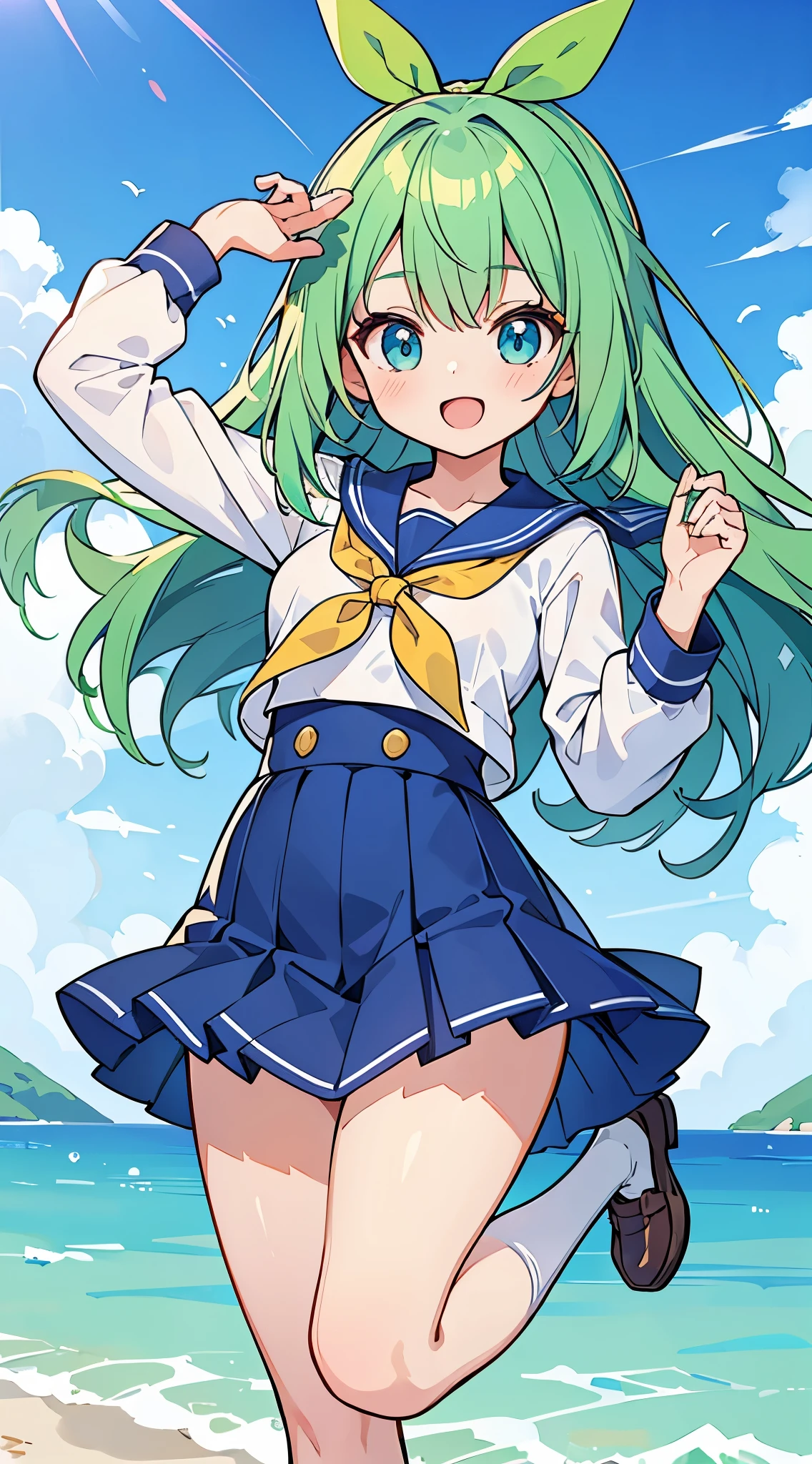 ((A Pretty High School girl with green hair and blue eyes)), ((Jumping in the air)), ((Sailor suit with a ribbon)), , ((master piece, top-quality, ultra-definition, high resolution)), anime girl, ((ultra-detailed illust:1.2)), only one person, bangs, hair between eye, beautiful hair, Beautiful eyes, Medium breasts, loafers, Big smile, opened mouth, blue sky background, the whole body completely in the air