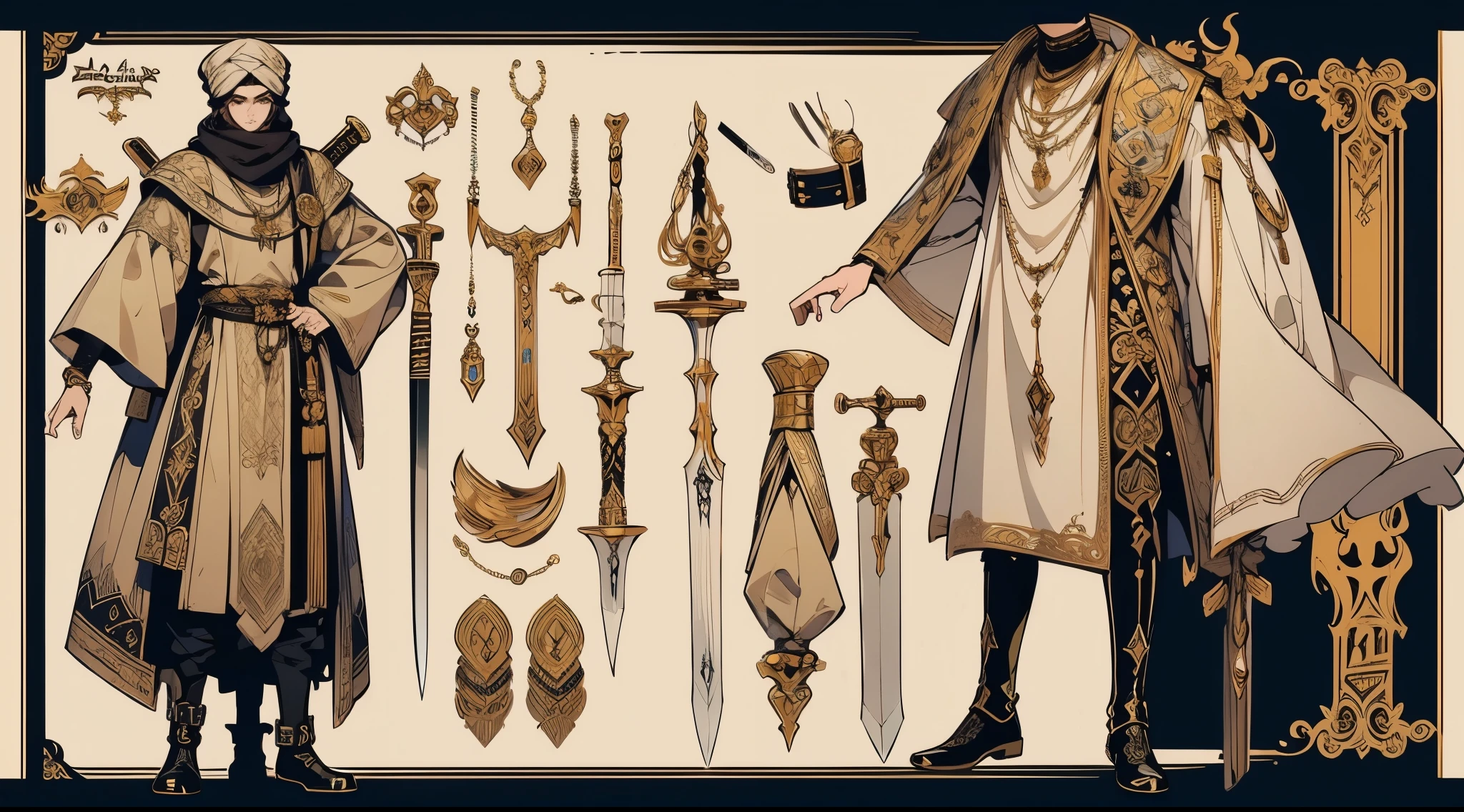 Character design sheet, Tall teen with detailed face, Arabian warrior, wearing large Turban, holding curved sword, slim pants, boots, intricate details, medieval fantasy. Gold accessories
