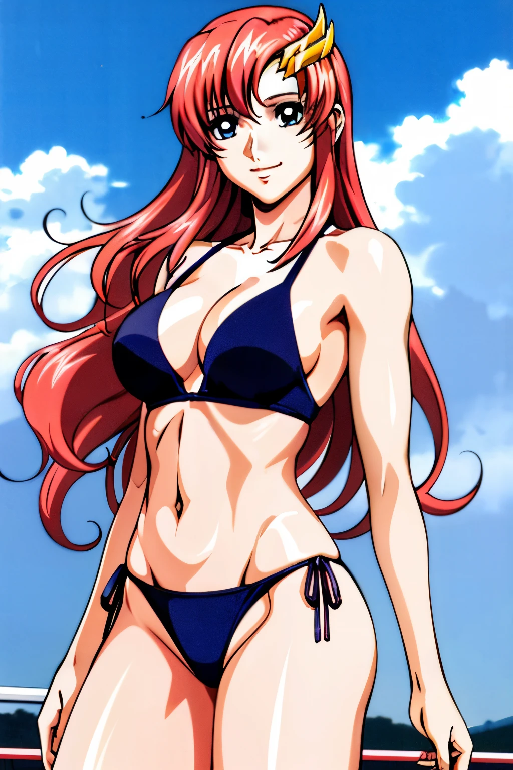 lacus4, (raw bikini), (pale skin), (masterpiece, hand stretching, very slim shoulders, 4K, Best Quality, Anime style: 1.9, happy, Adult Woman, (ultra detailed head), (arena, cloud background), Drawing lines, high resolution, lacus4), 1girl, Solo, curvy figure, Long hair, 鎖骨, scapular, (Detailed wide hair bangs, Hair Ornament, Detailed reddish-pink hair, shiny streaks, slim arms, detailed golden crest), cleavage, large hands, (hair cover shoulders). (Big blue eyes, shiny eyes), ((female wrestler, (slim body), slim arms)), ((perfect proportions, medium breasts, long belly)), ((neck band))), smile, (standing, hot colors), detailed fingers, (bare shoulders)
