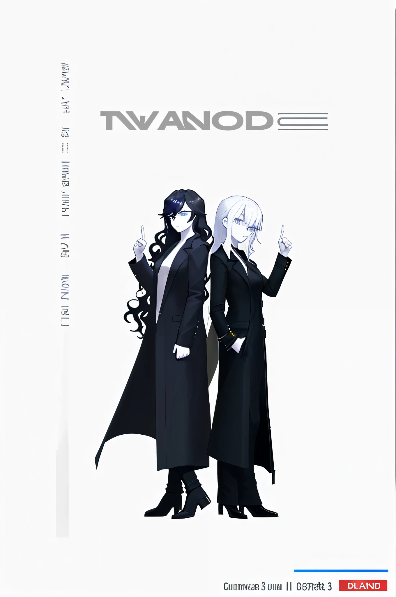 Create a 3D illustration of two female model characters side by side making a gun sign with their hands and fingers pointing upwards, side by side, shoulder to shoulder like casually animated detectives. the characters must wear black overcoats like detectives, long and wavy hair, white skin, normal eyes.