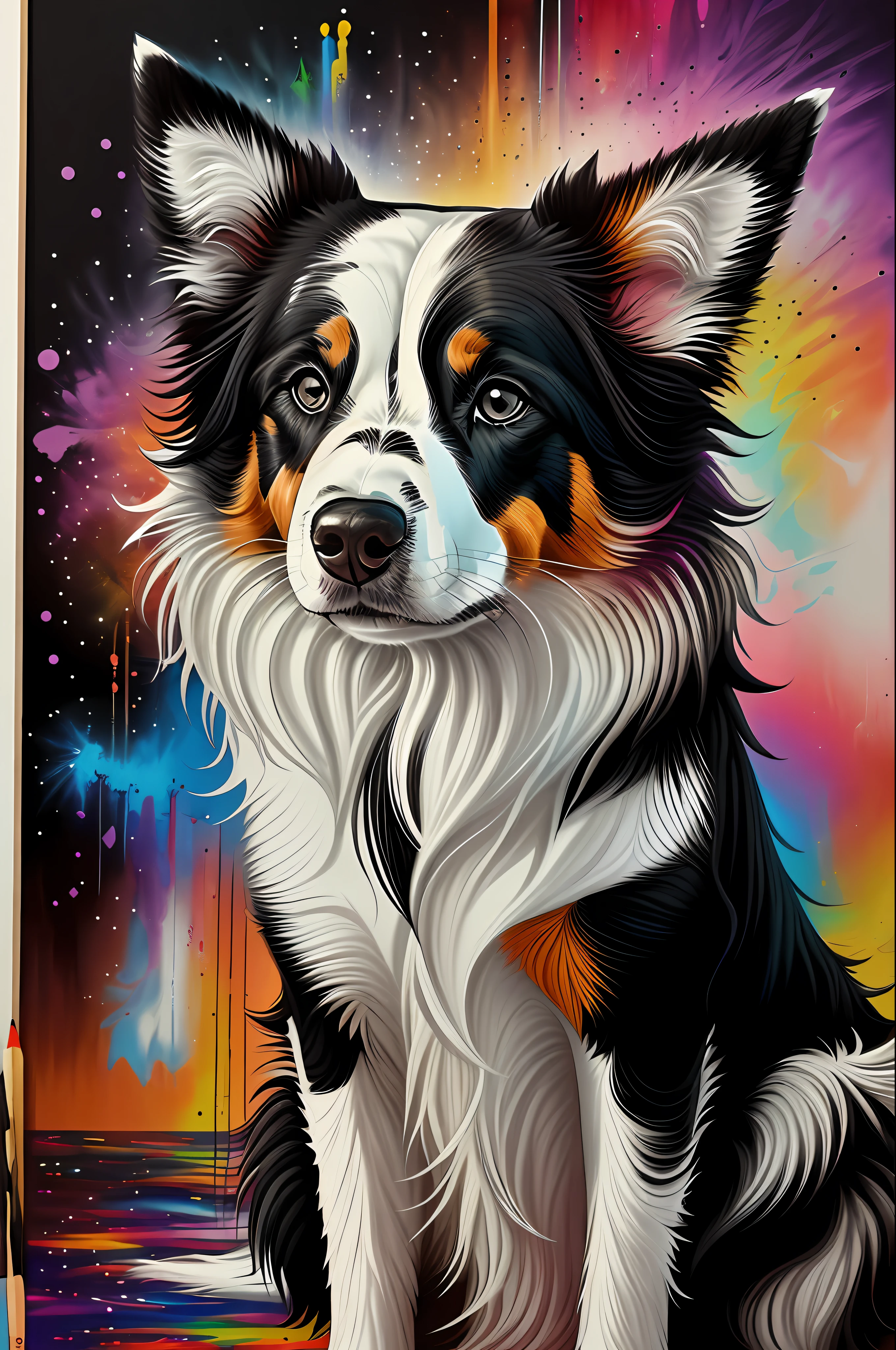 ( White and black furred Border Collie Dog ),  Eduardo Kobra acolchoamento ,multidimensional geometric wall PORTRAIT, arte, Chibi,
Yang016K, lindo, Colouring,
Primary works, qualidade superior, melhor qualidade, Arte Oficial, Beautiful and Aesthetic, realista