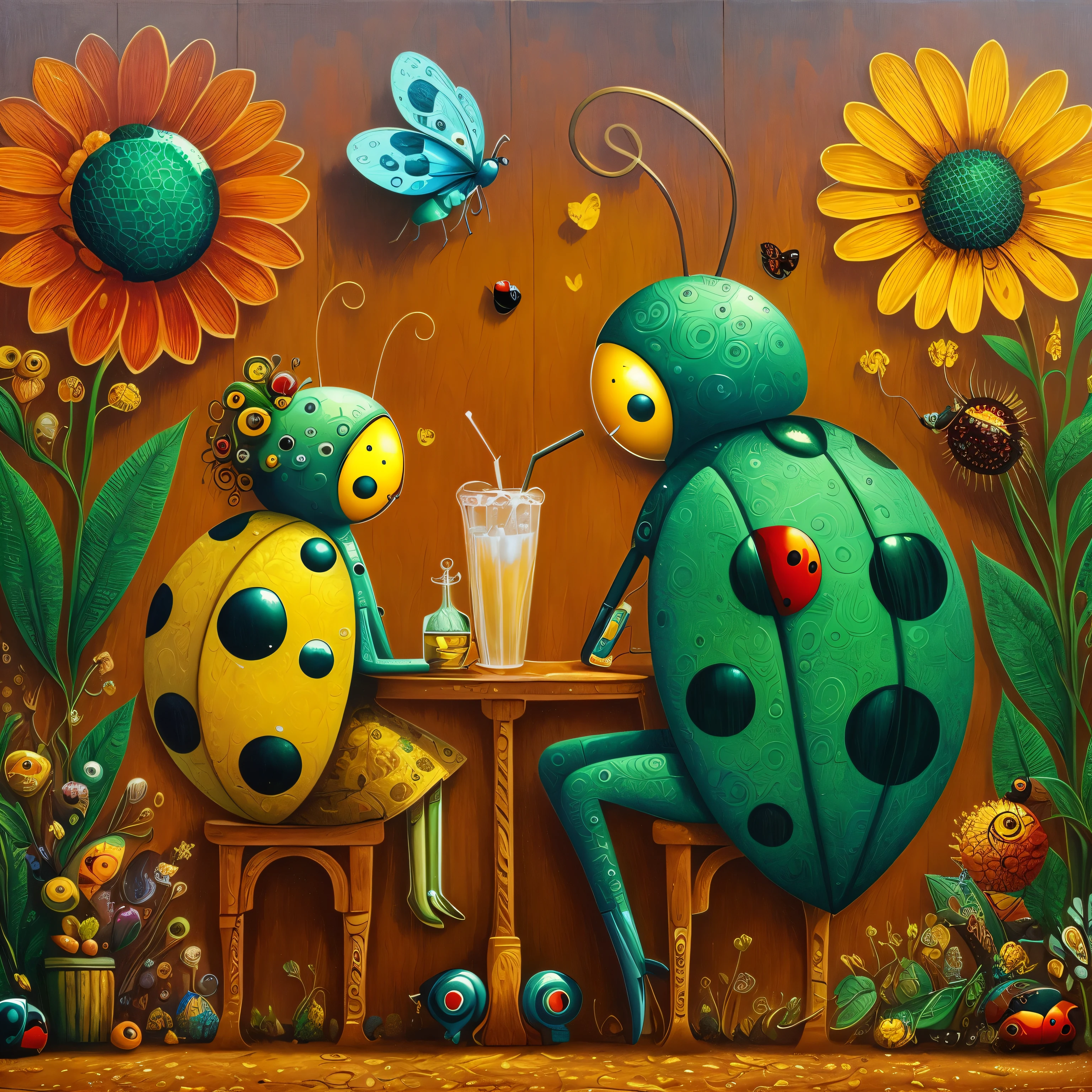 painting of Ladybugs sitting at the table with a drink and a ladybug, Arte caprichosa, Joaninhas, por Nil Gleyen, por Jung Park, Beeple e Jeremiah Ketner, Arte inspiradora, Direction: Jin Nong, por It Immun, ladybug robots, por Jeremiah Ketner, Jacek Yerka e Vladimir Kush, shy beetles