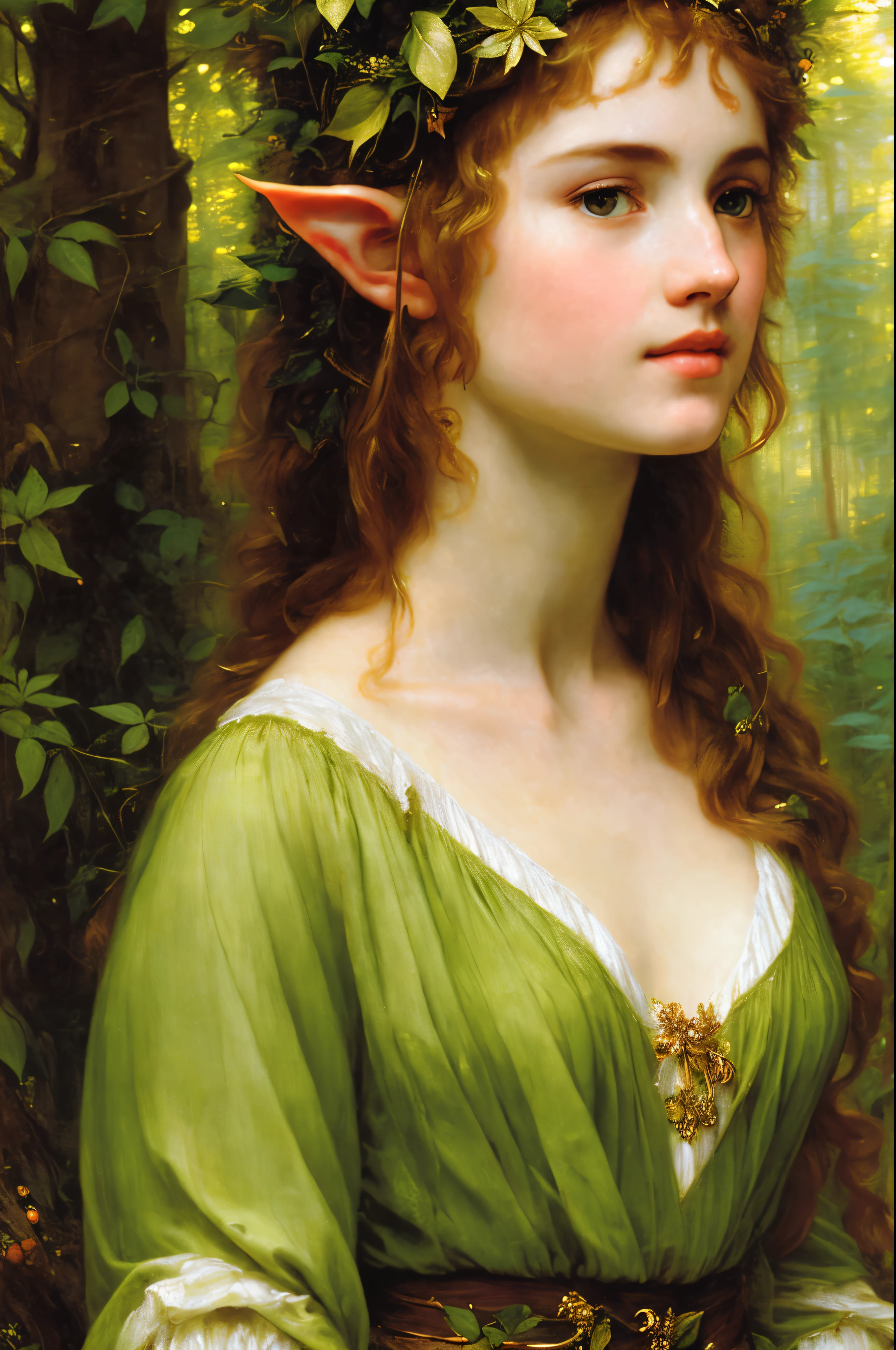 An elf in a vegetative forest in John William Waterhouse style, by Peter Paul Rubens, featuring lush detailing, distinctive noses, and traditional oceanic art in high detail, close-up, light gold, and green, best quality, masterpiece, sfw 