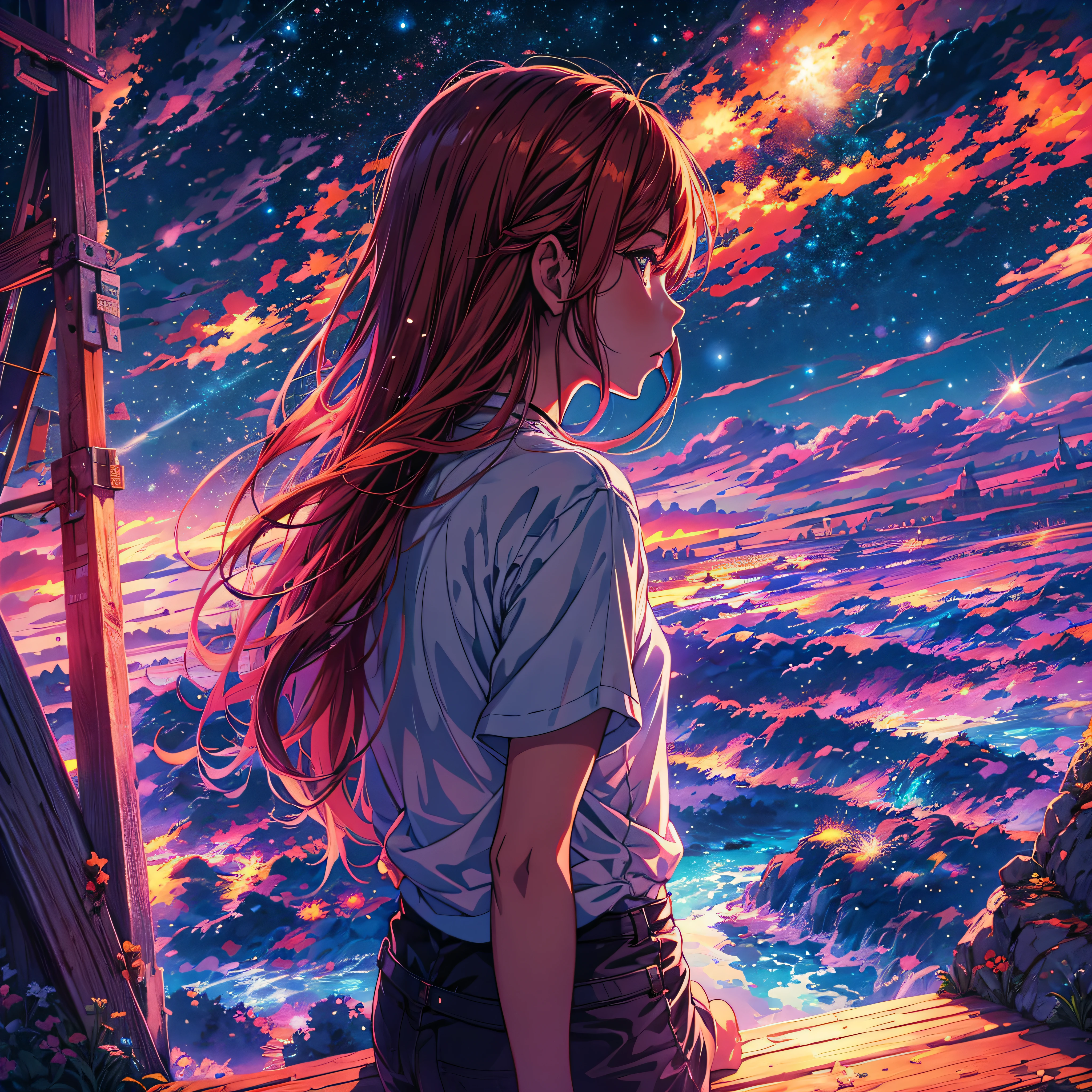 anime wallpapers of a girl looking at a view of the sky and stars, cosmic skies. by makoto shinkai, anime art wallpaper 4 k, long red hair, golden eyes, white shirt, black panties, anime art wallpaper 4k, anime art wallpaper 8 k, anime sky, amazing wallpaper, anime wallpaper 4 k, anime wallpaper 4k, 4k anime wallpaper, makoto shinkai cyril rolando, anime background art, makima, comet, star.