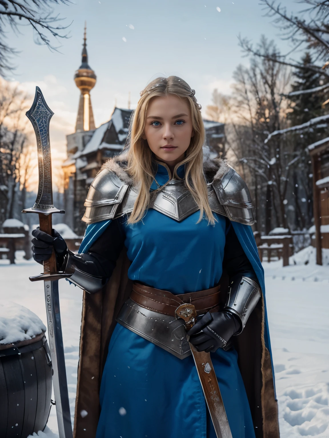a blonde, blue eyes, slavic features, woman, wearing fur cape and a very sexy armor, outdoors, snow, (sword:1.15) and (rounded wooden shield:1.15), full body, perfect detailed eyes, perfect detailed hands, perfect detailed fingers, 8k, masterpiece, UHD