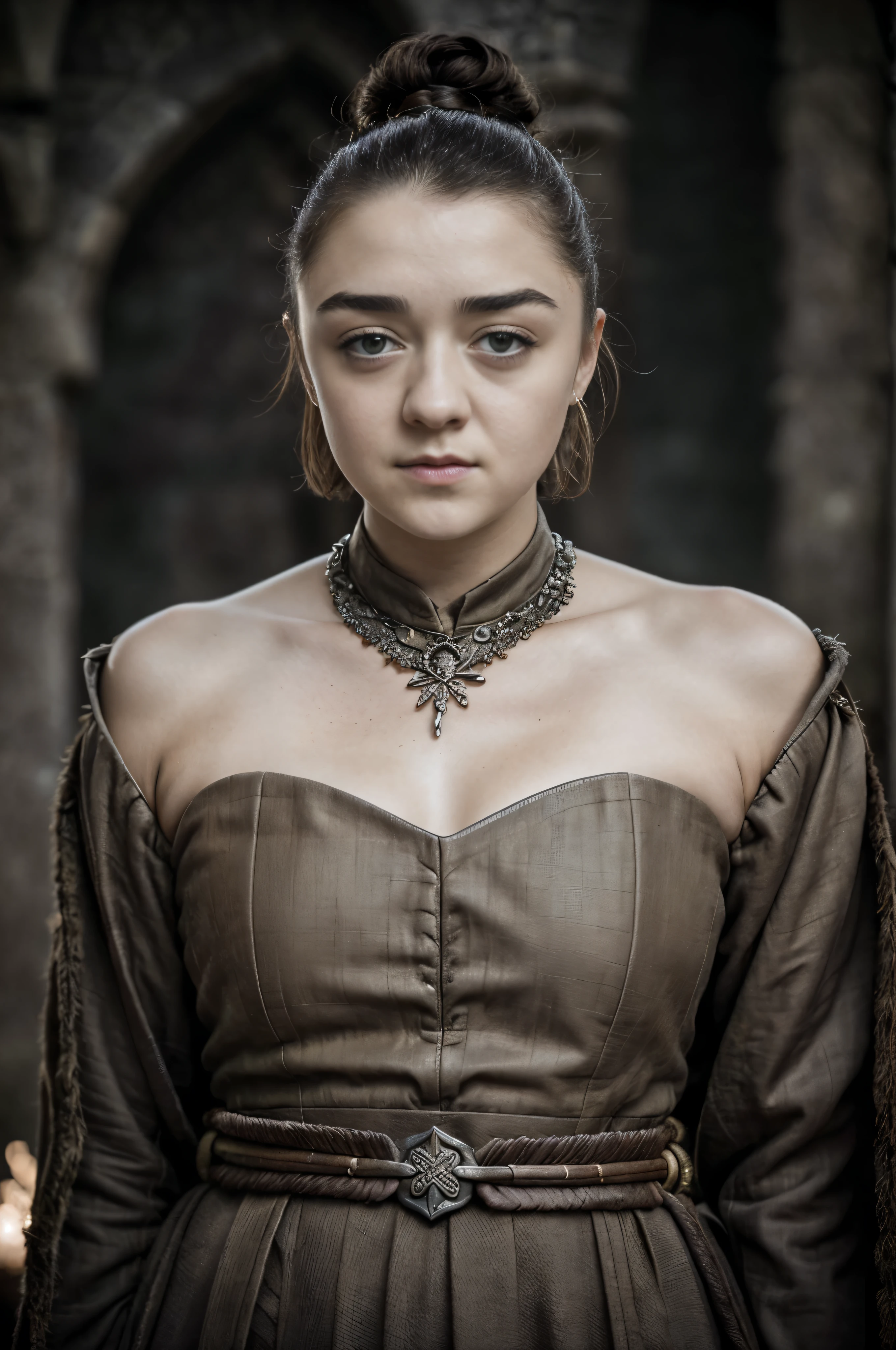 Foto RAW, RAW photograph of Maisie Williams, Arya Stark, Extremely gorgeous lady, Arya Stark PLAYED BY MAISIE WILLIAMS, Queen Arya Stark, she a mature woman now, milf, sexy mediaeval battle dress, gladiator woman, body, 40 years old Woman, body revealing costumes, perky breast, skin pores, big natural breast, erotic costumes, lusty physique, seductive figure can capture every people's attention, Game of thrones costumes, revealing captivating figure, Mediaeval costumes, revealing clothes, A tomboy, she would rather fence than dance, warrior queen , game of thrones screen caps, Game of Thrones Series, (pele altamente detalhada: 1.2), 8k UHD, DSLR, soft-lighting, alta qualidade, grain of film, Fujifilm XT3, flawless picture, highly detailed, detailed Beauty, intricate, 32k, sharp picture,