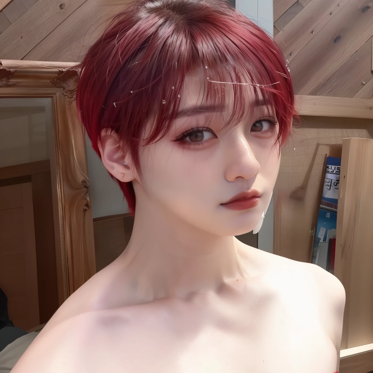 arafed man com cabelo ruivo and piercings posing for a picture, Jungkook, pintar, Jungkook, pele vermelha lisa, lindo coreano, com cabelo curto, com o mesmo penteado, red hair and attractive features, com cabelo ruivo, bts aesthetic