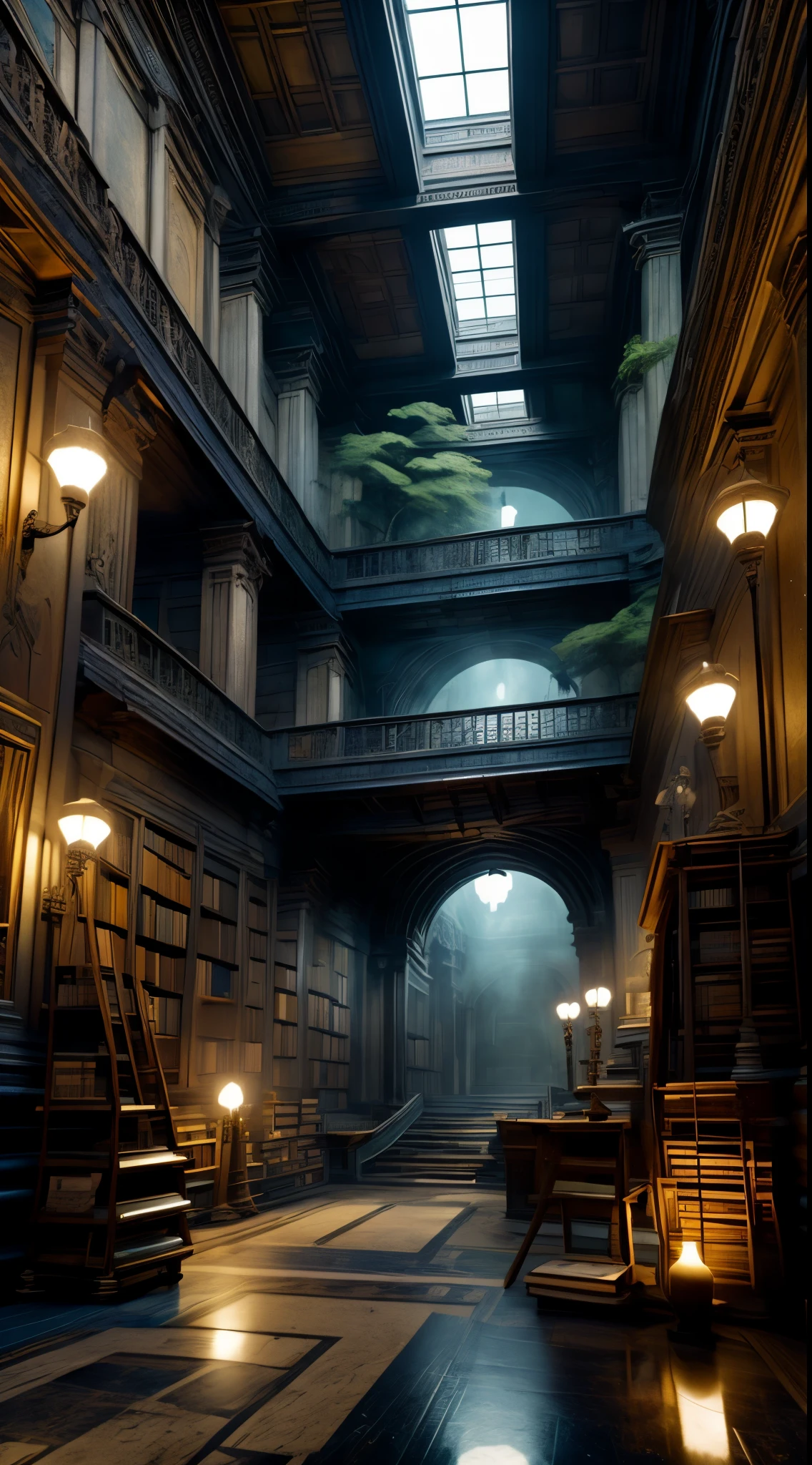 8k, melhor qualidade, obra de arte, Ultra alta resolução, (realismo: 1.4), Foto original, An high library abondoned with a lot of books, and an open roof, with galaxies and planets around, beautiful, abondoned places, mistery, masterpiece