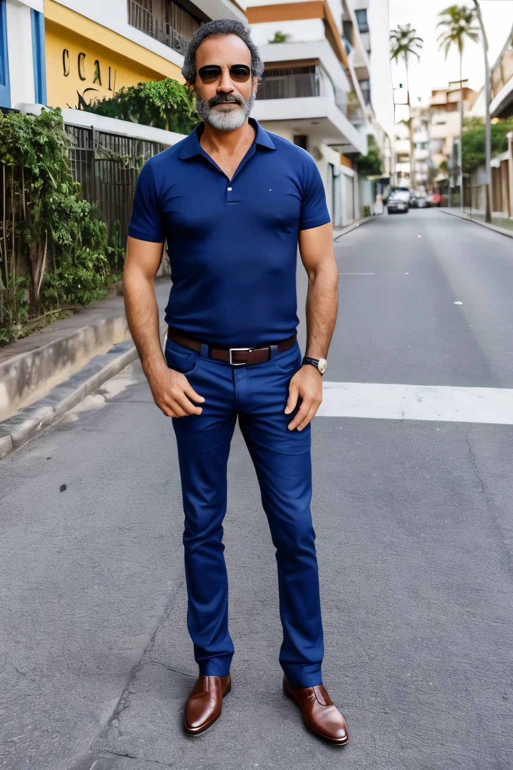 homem de 40 anos, cabeludo e sedutor, usando roupas sedutoras. Ele faz sucesso entre as mulheres