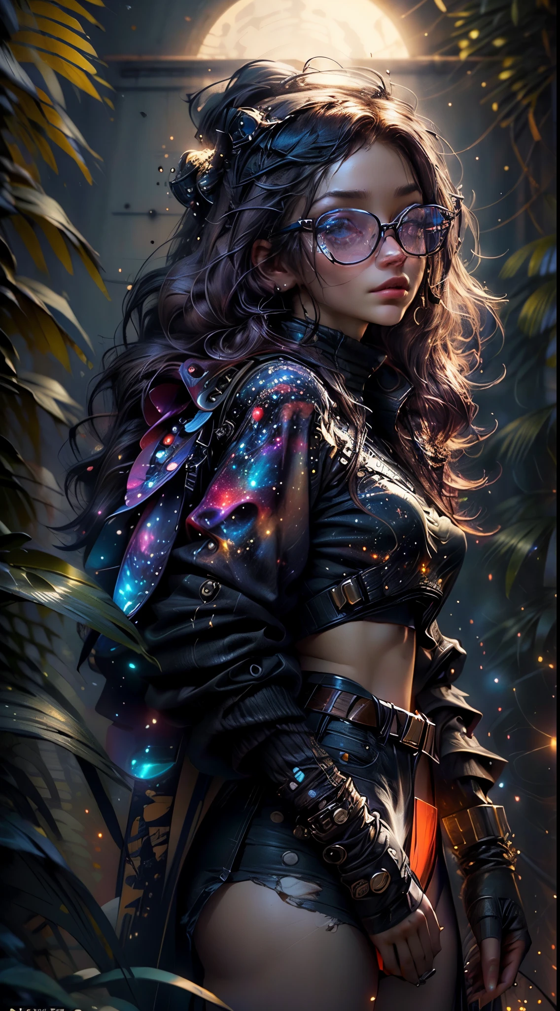 8k, melhor qualidade, obra de arte, ultra high resolution, Foto original, An high library futurista com escadas de vidro.em.caracol, the glasses reflect the galaxies of the night sky