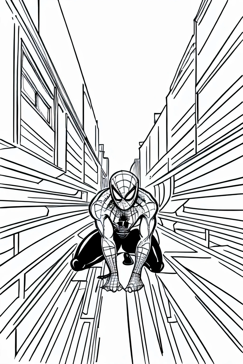 coloring page, de um homem aranha no estilo cartoon da cidade, linhas grossas, sem cor, fundo branco apenas linhas
