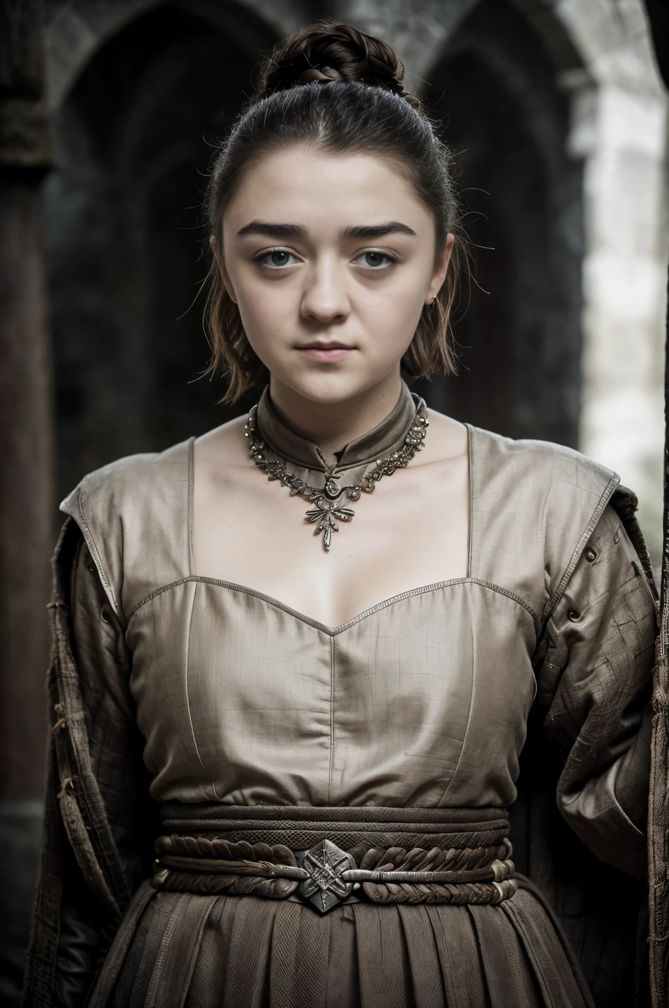 Foto RAW, RAW photograph of Maisie Williams, Arya Stark, Extremely gorgeous lady, Arya Stark PLAYED BY MAISIE WILLIAMS, Queen Arya Stark, she a mature woman now, milf, sexy mediaeval battle dress, gladiator woman, body, 40 years old Woman, body revealing costumes, perky breast, skin pores, big natural breast, erotic costumes, lusty physique, seductive figure can capture every people's attention, Game of thrones costumes, revealing captivating figure, Mediaeval costumes, revealing clothes, A tomboy, she would rather fence than dance, warrior queen , game of thrones screen caps, Game of Thrones Series, (pele altamente detalhada: 1.2), 8k UHD, DSLR, soft-lighting, alta qualidade, grain of film, Fujifilm XT3, flawless picture, highly detailed, detailed Beauty, intricate, 32k, sharp picture,