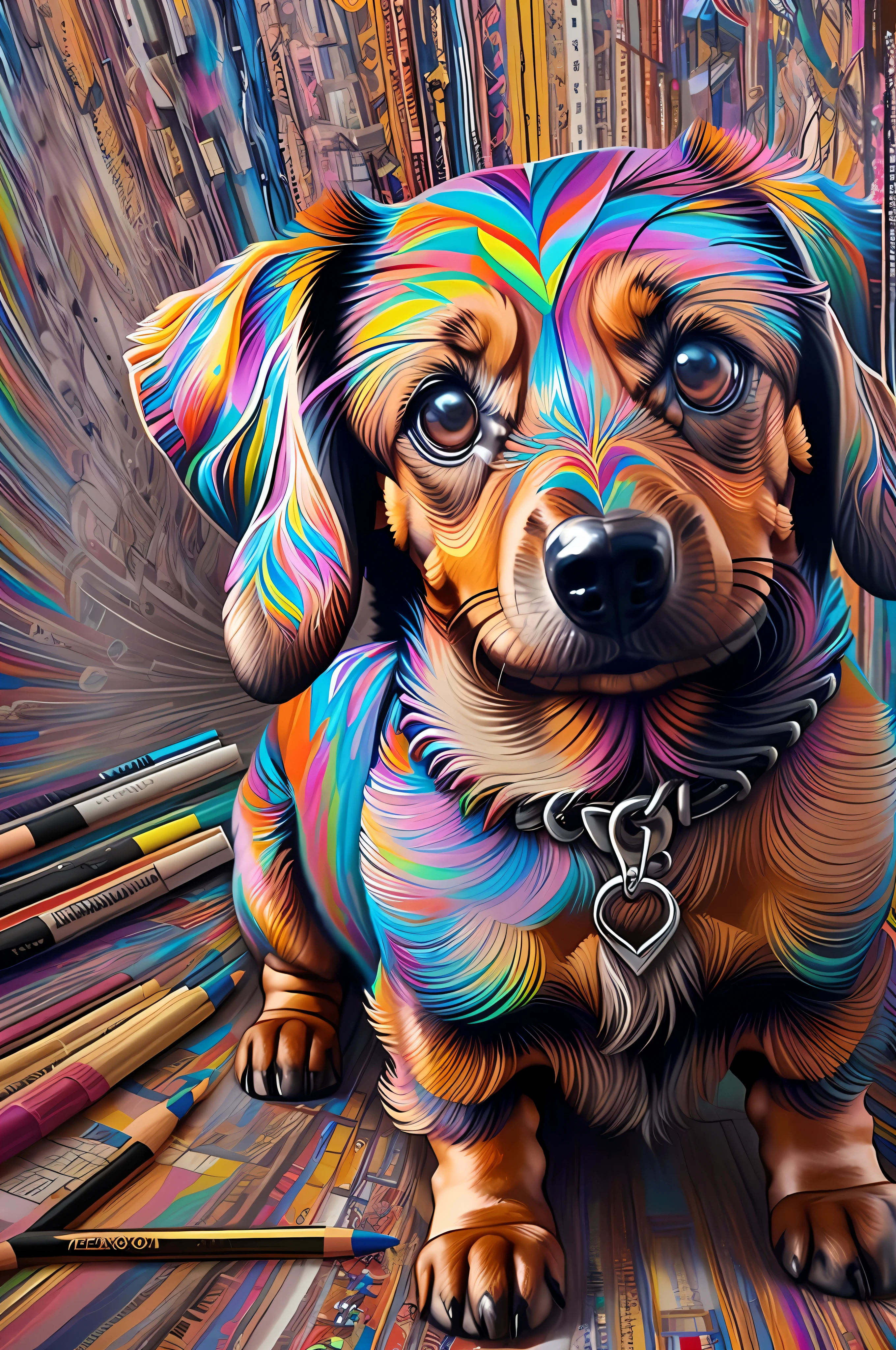 (dachshund dog ),(melhor pose),(best angle), (better expression), Eduardo Kobra acolchoamento ,multidimensional geometric wall PORTRAIT, arte, Chibi,
Yang08k, lindo, Colouring,
Primary works, qualidade superior, melhor qualidade, Arte Oficial, Beautiful and Aesthetic, pelos coloridos,