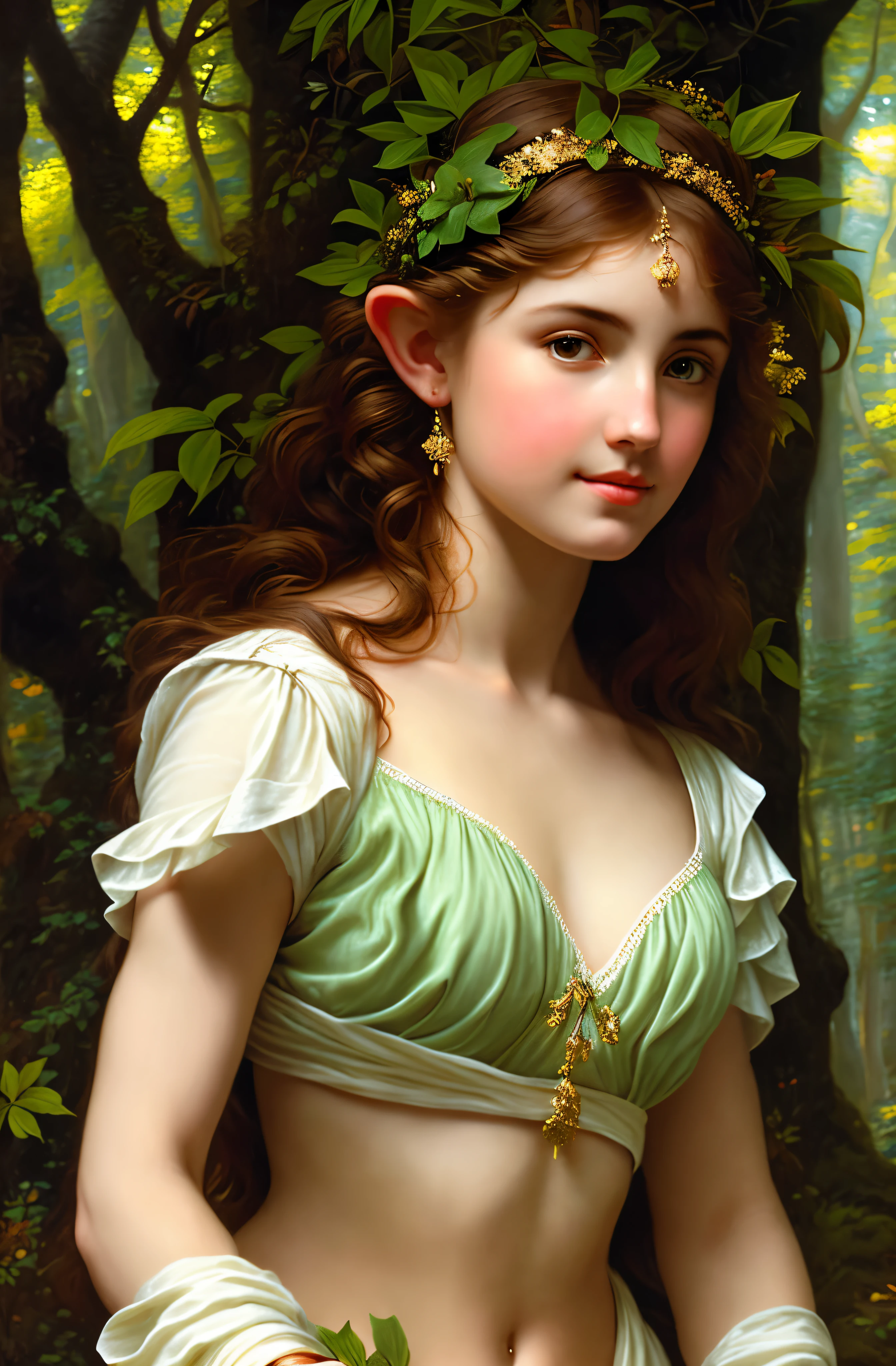 Greek Goddess linen clothes, An elf in a vegetative forest in John William Waterhouse style, by Peter Paul Rubens, featuring lush detailing, distinctive noses, and traditional oceanic art in high detail, close-up, light gold, and green, best quality, masterpiece,sfw