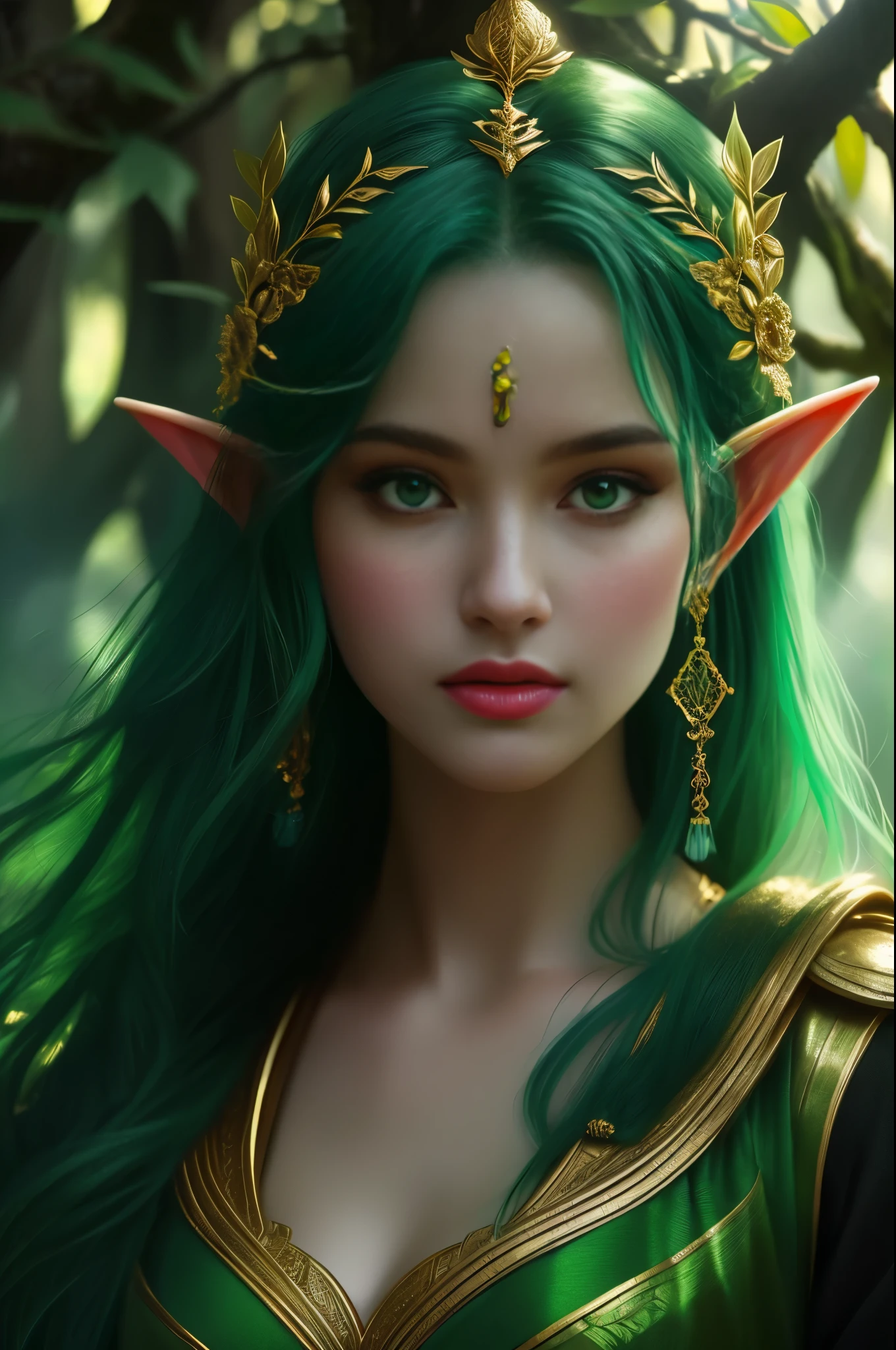 'an elf in a vegetative forest' dancing in the style of kobe kasner, in the style of lush detailing, distinctive noses, detailed fantasy art, traditional oceanic art, high detailed, close-up, light gold and green
