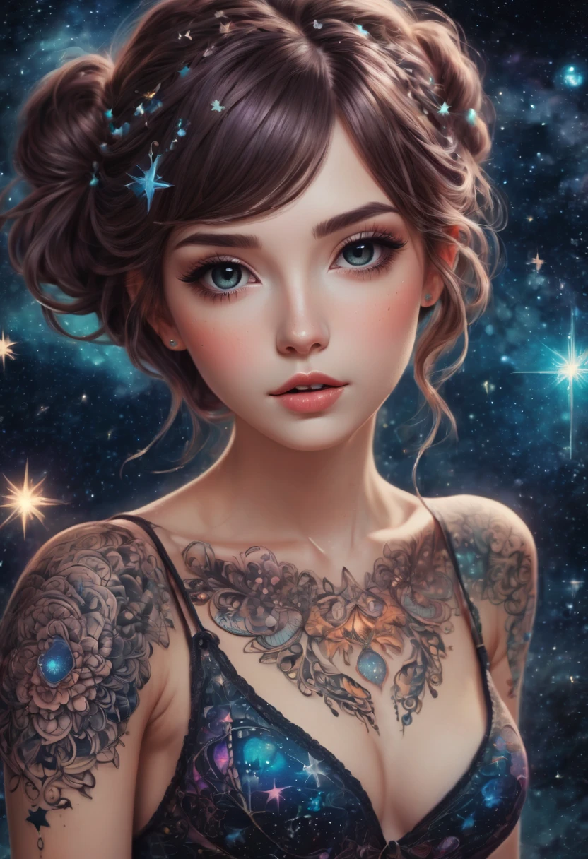 (best quality, highres, ultra sharp), magical ,cute girl, tattoo, in a magical starry sky, zentangle, full colored, 3d crunch,