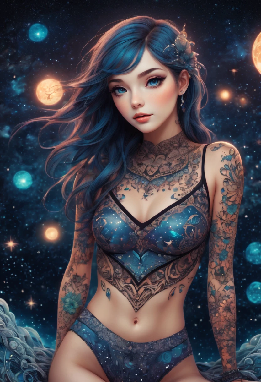 (best quality, highres, ultra sharp), magical ,cute girl, tattoo, in a magical starry sky, zentangle, full colored, 3d crunch,