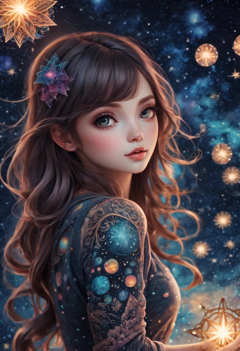 (best quality, highres, ultra sharp), magical ,cute girl, tattoo, in a magical starry sky, zentangle, full colored, 3d crunch,