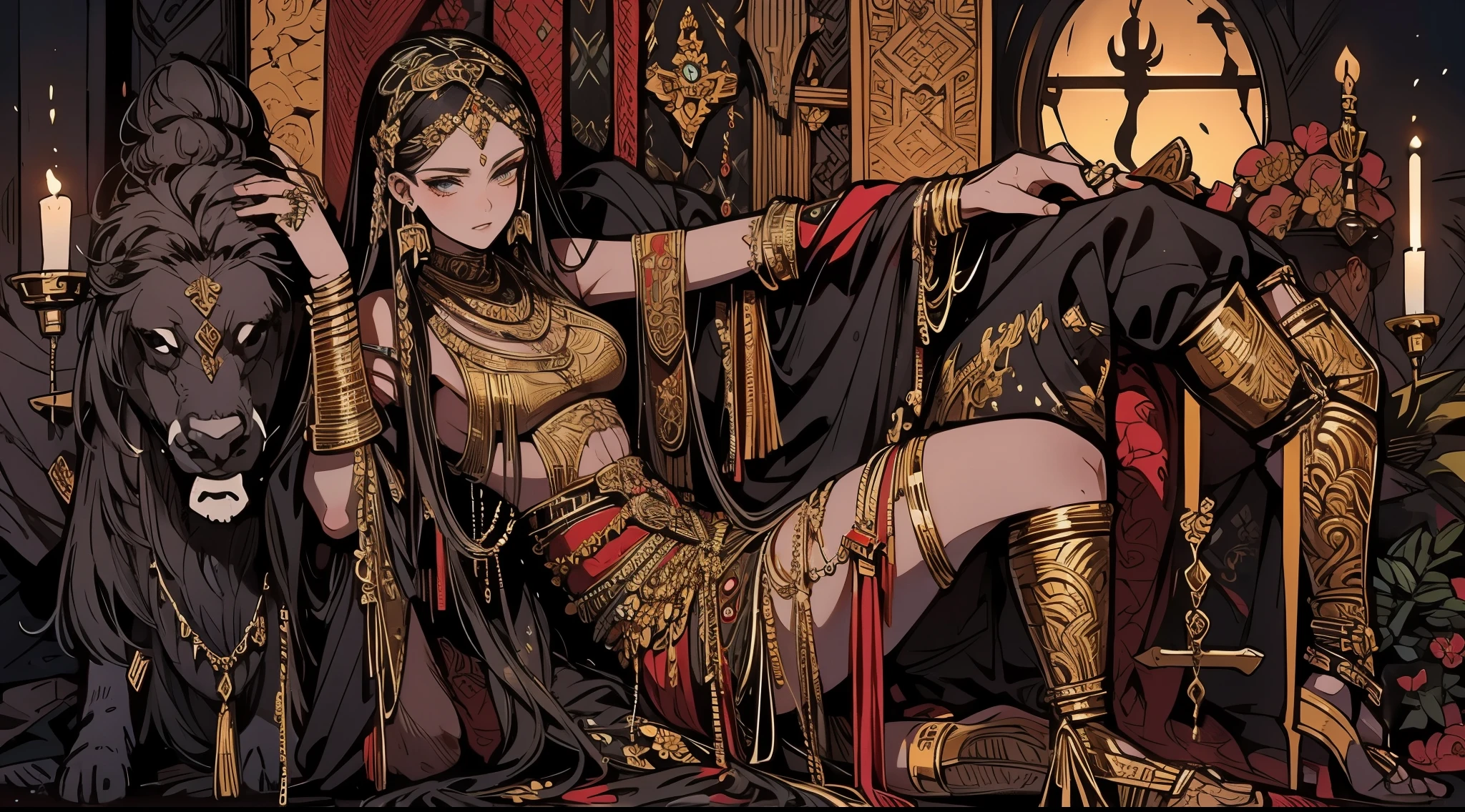 Medieval fantasy, tall female African warrior, Tribal clothes, gold accessories, intricated details, toned abs, toned legs, long flowing hair, black hair, full of accessories, earrings, rings