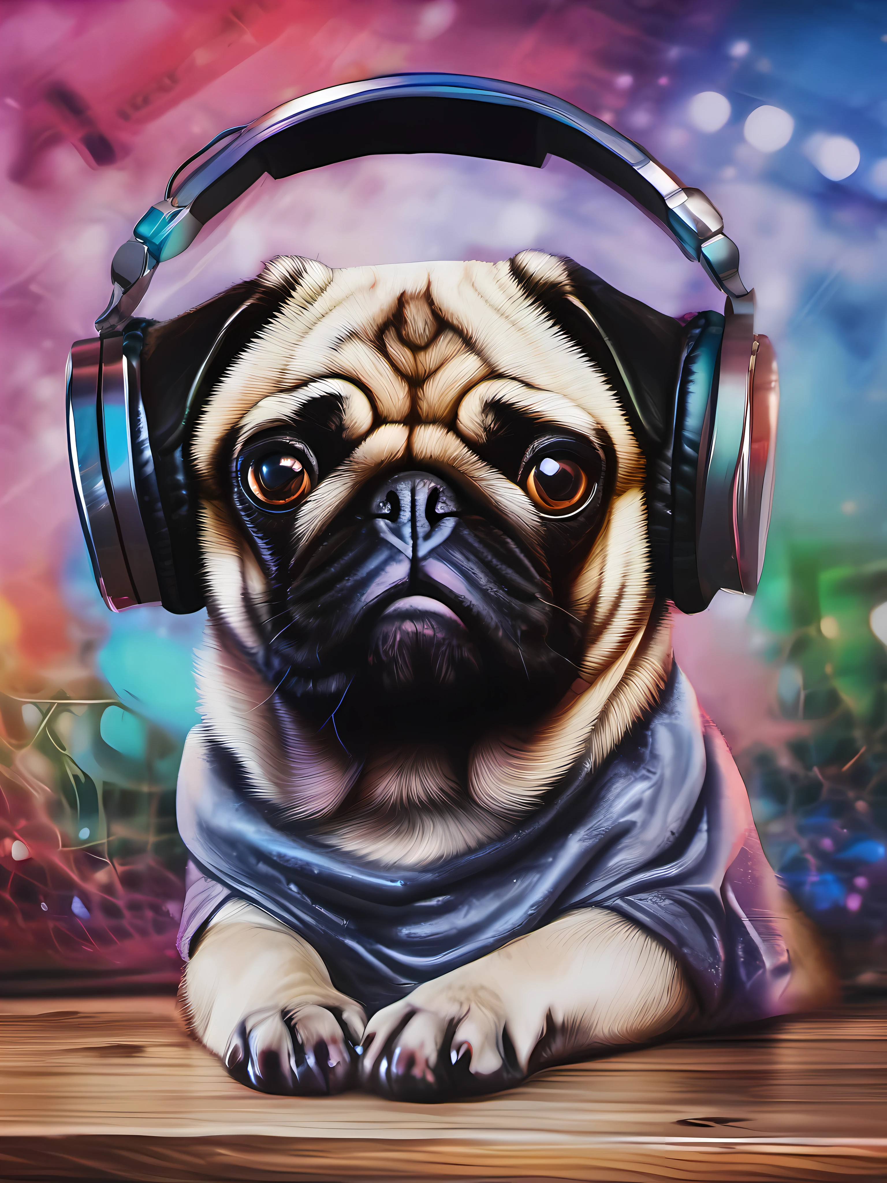 um cachorro Pug, pintura estilo 3D aquarela, DJ dog listening to music, DJ Pug Dog, mesa de som de DJ, imagem completa, high contrast high resolution (fotorrealista:1.5), (Foto CRU, 8K Ultra HD,