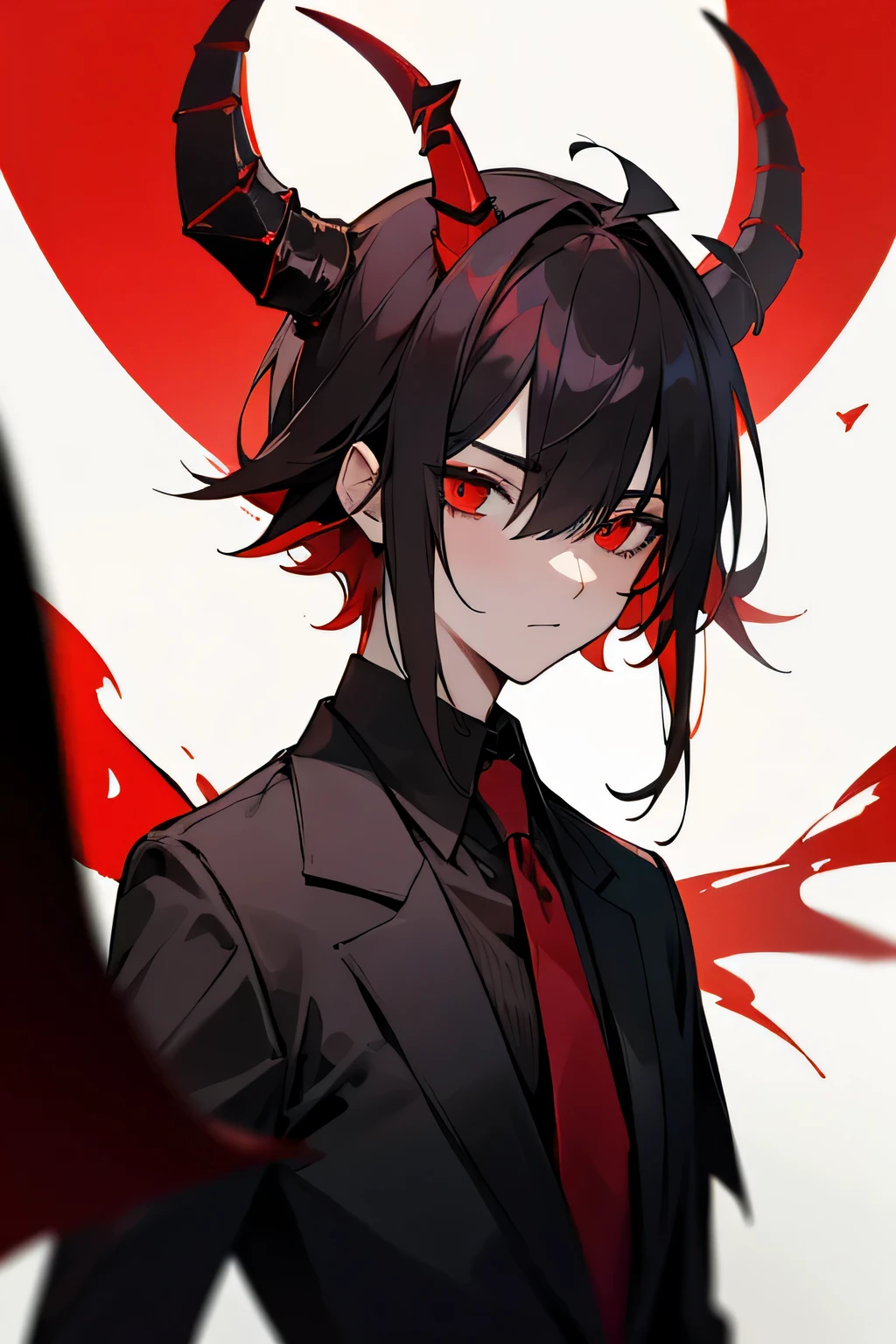 Generate anime boy with short black messy hair, red eyes, gray demonic horn, black jacket and white shirt, black eye sclera, black spot on cheek