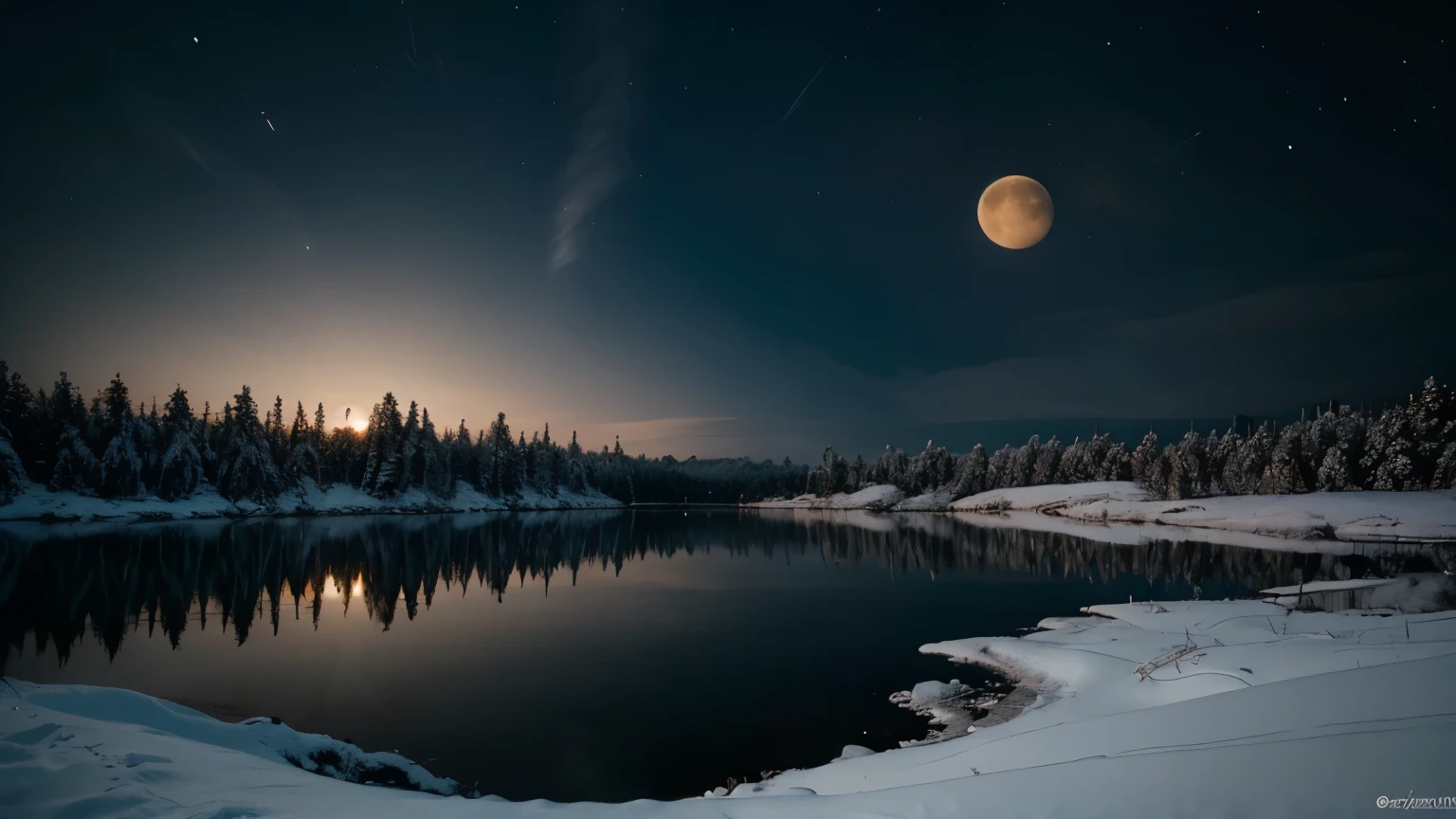 The natural beauty of the far northern forest and a cold, dark lake is amplified by the presence of a round moon in the sky. The blue clouds of the night add drama to the scene, creating a stark contrast against the snow. It is a spectacle that captures the essence of wild and untamed nature. shot with 35mm SLR, DSLR, 22 megapixel lenses, National Geographic
