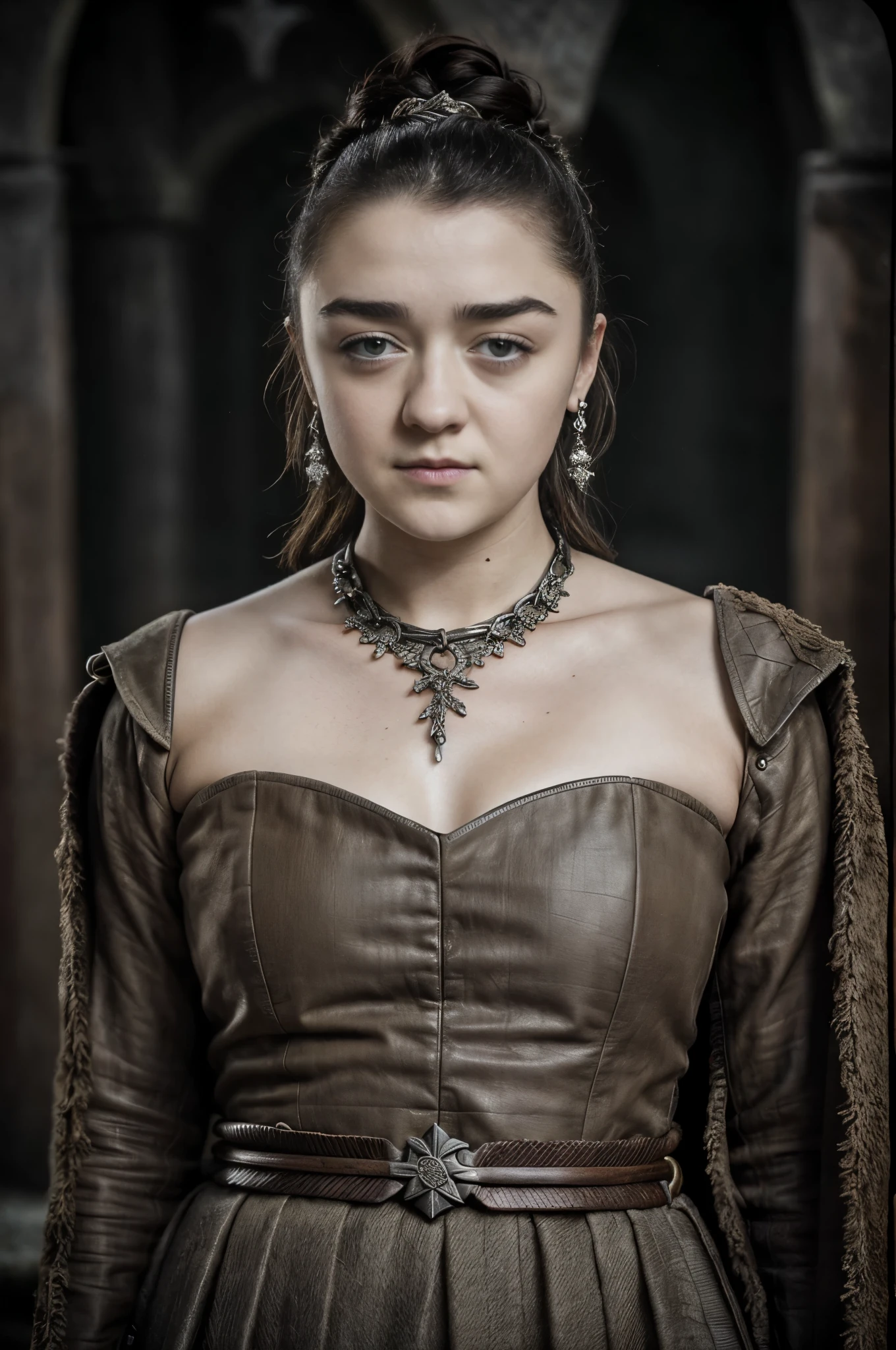 Foto RAW, RAW photograph of Maisie Williams, Arya Stark, Extremely gorgeous lady, Arya Stark PLAYED BY MAISIE WILLIAMS, Queen Arya Stark, she  a mature woman now, milf, sexy mediaeval battle dress, gladiator woman, body, 40 years old Woman, body revealing costumes, perky breast, skin pores, big natural breast, erotic costumes, lusty physique, seductive figure can capture every people's attention, Game of thrones costumes, revealing captivating figure, Mediaeval costumes, revealing clothes, A tomboy, she would rather fence than dance, warrior queen , game of thrones screen caps, Game of Thrones Series, (pele altamente detalhada: 1.2), 8k UHD, DSLR, soft-lighting, alta qualidade, grain of film, Fujifilm XT3, flawless picture, highly detailed, detailed Beauty, intricate, 32k, sharp picture,