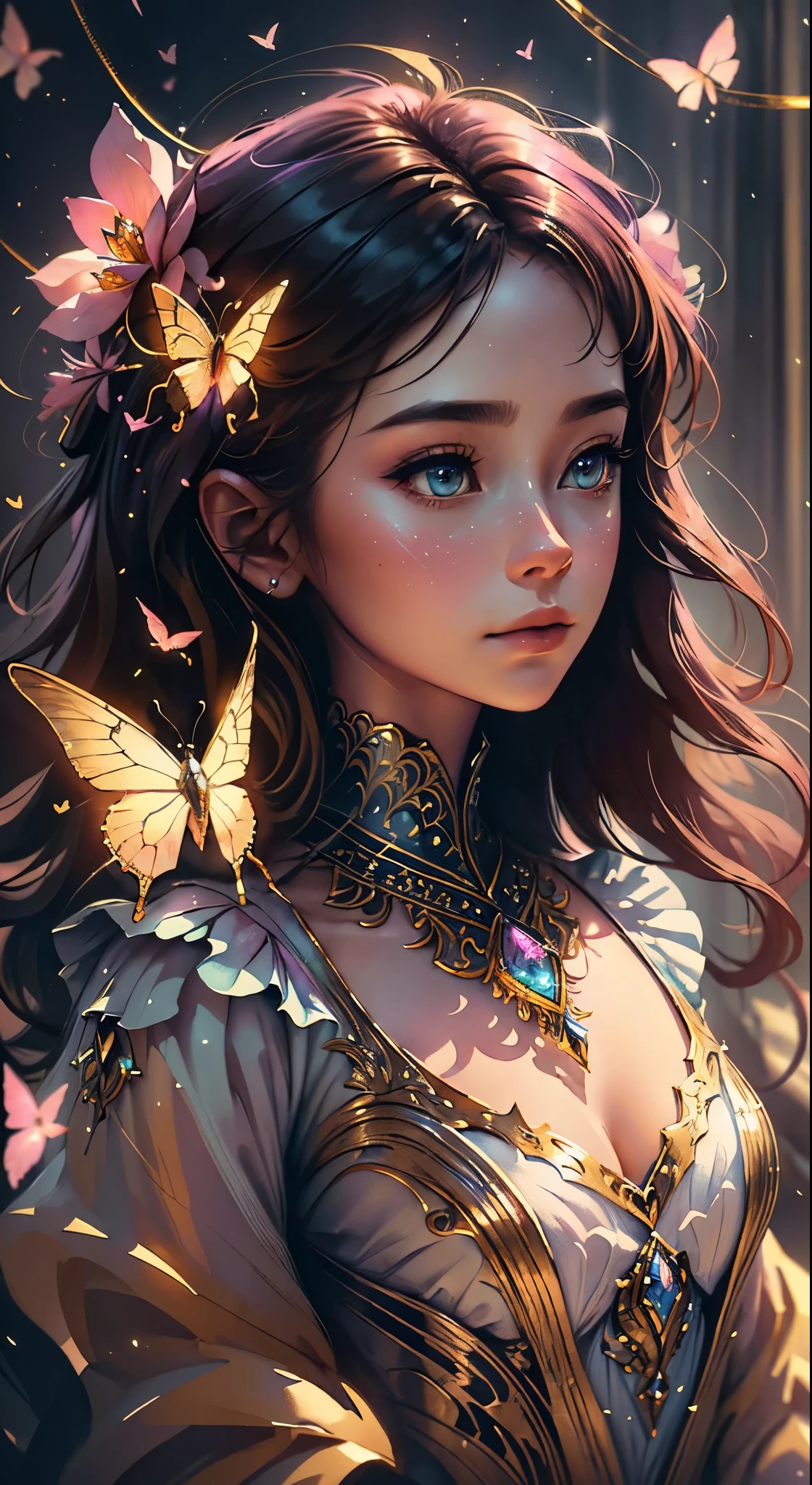(((masterpiece))), (((best quality))), ((ultra-detailed)),(highly detailed CG illustration), ((an extremely delicate and beautiful)),cinematic light, Create a stunning fantasy artwork that mimics the style of currently trending masters of the genre. The art piece should contain elements of both mythic fantasy and fairytale fantasy with colorful accents. ((Utilize various shades of pink and watercolor pastels as the main color scheme.)) The character in the artwork is a delicate but strong figure with an aura of mystery and magic. jewel-toned butterflies radiating a magical aura. Consider the latest trends in fantasy art, such as incorporating unique lighting effects, exploring dynamic and compelling composition techniques, and experimenting with unique color palettes. Take inspiration from the top artists on ArtStation and Midjourney. Camera: Choose an angle that highlights the character's beauty and enhances the magical majesty of the artwork. Lighting: Utilize atmospheric lighting techniques to create depth and mood. Resolution: Aim for a high-resolution artwork to showcase intricate details and clarity. Art Inspirations: Seek inspiration from the trending artists on ArtStation, exploring different styles, genres, and themes.