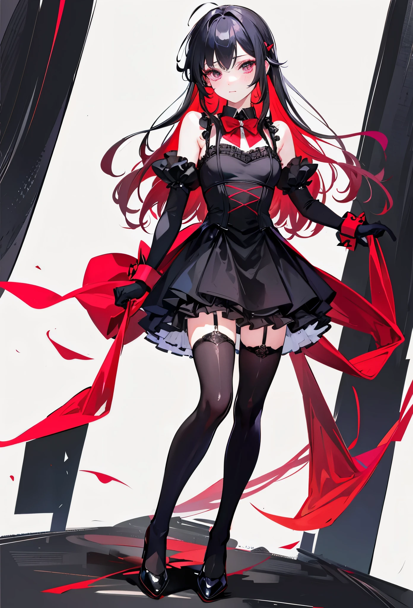 black dress, red bow tie, Knee socks, boots, Scarlet hair, Violet eyes, black gloves, boy, ((Beautiful boy)), ((individual)), ((Cross-dressing))