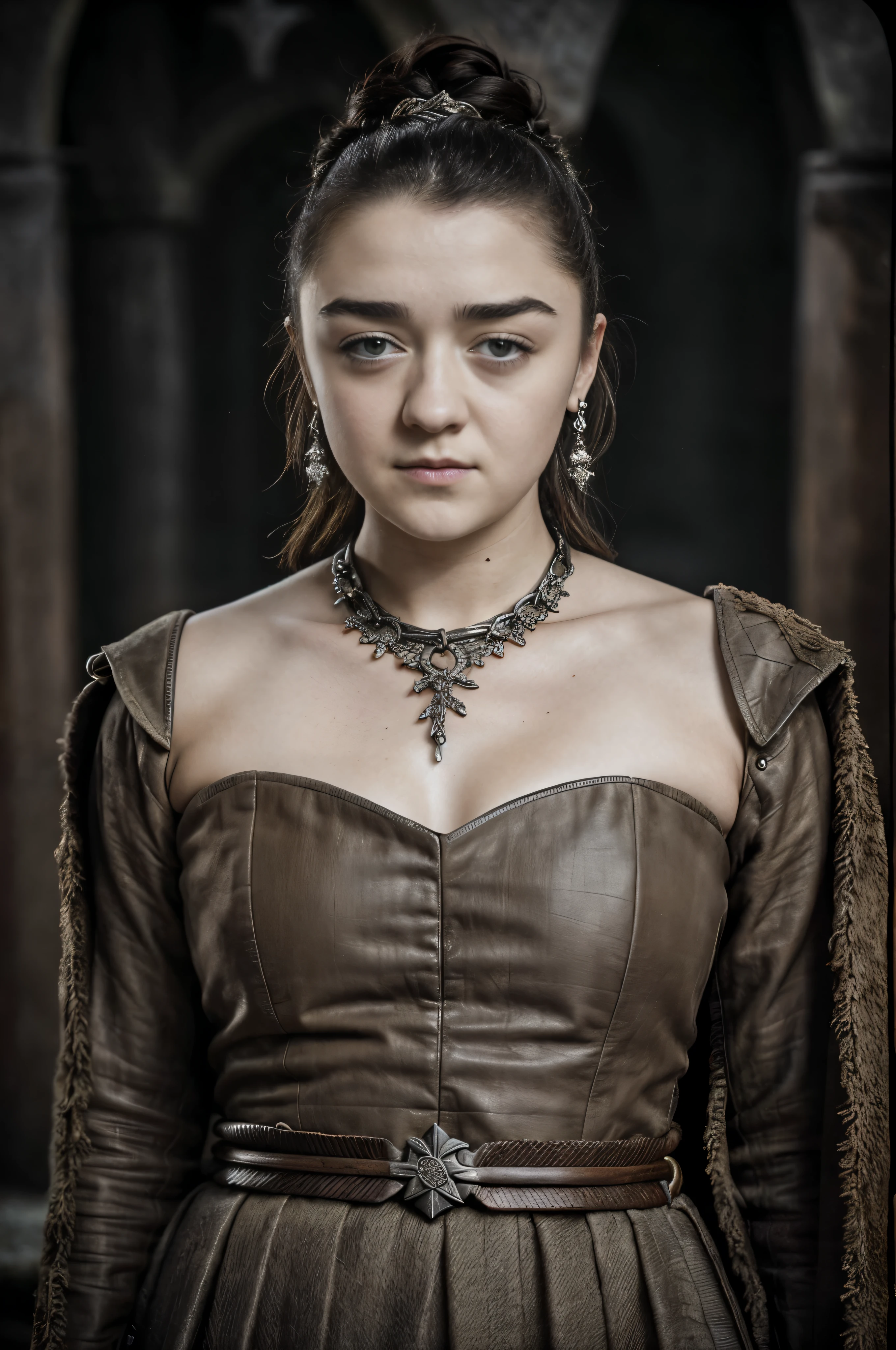 Foto RAW, RAW photograph of Maisie Williams, Arya Stark, Extremely gorgeous lady, Arya Stark PLAYED BY MAISIE WILLIAMS, Queen Arya Stark, she a mature woman now, milf, sexy mediaeval battle dress, gladiator woman, body, 40 years old Woman, body revealing costumes, perky breast, skin pores, big natural breast, erotic costumes, lusty physique, seductive figure can capture every people's attention, Game of thrones costumes, revealing captivating figure, Mediaeval costumes, revealing clothes, A tomboy, she would rather fence than dance, warrior queen , game of thrones screen caps, Game of Thrones Series, (pele altamente detalhada: 1.2), 8k UHD, DSLR, soft-lighting, alta qualidade, grain of film, Fujifilm XT3, flawless picture, highly detailed, detailed Beauty, intricate, 32k, sharp picture,