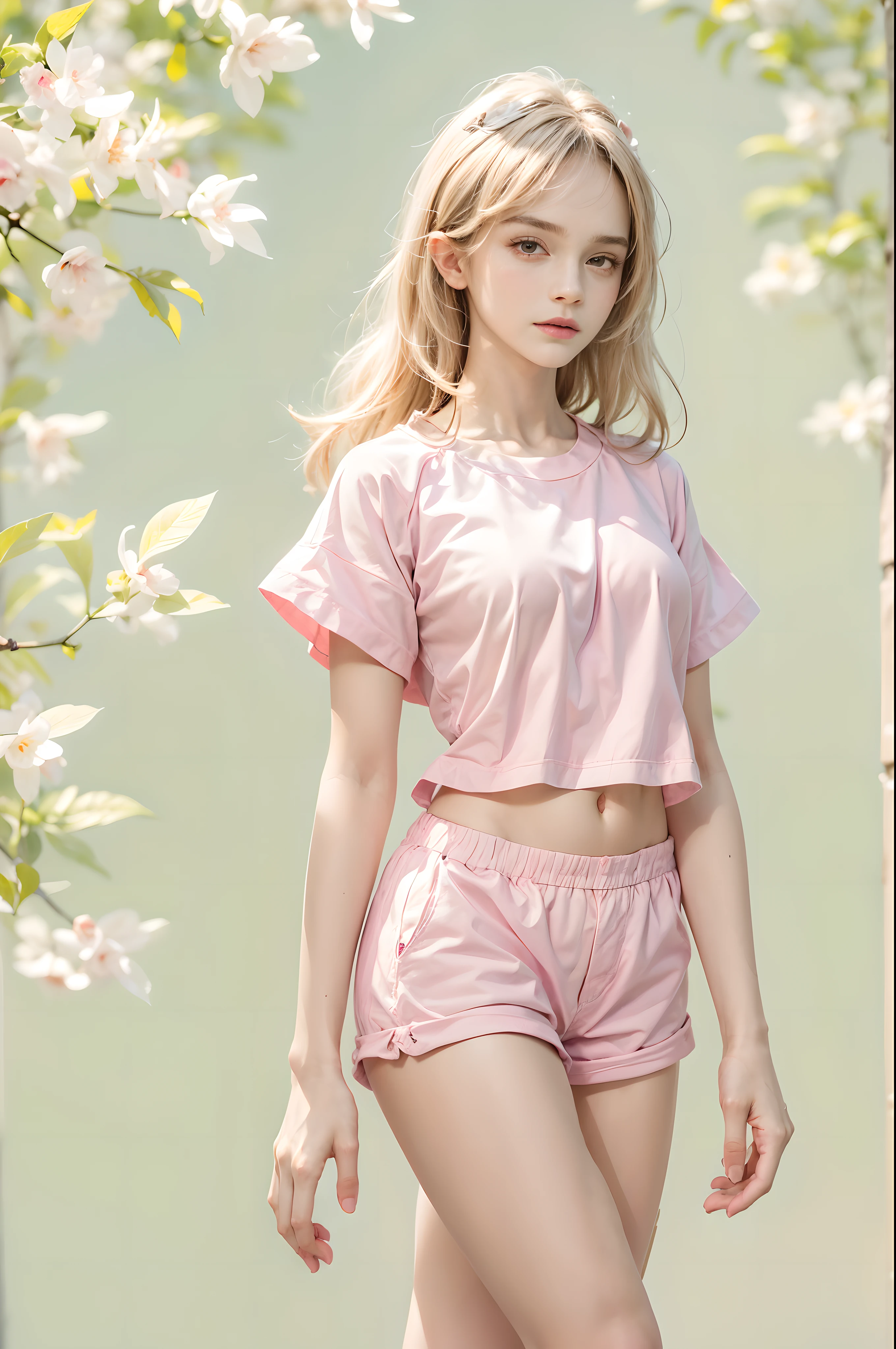 masterpiece, best quality, high quality, High definition, High quality texture, High quality shadow, high detail, beautiful detailed, finely detailed, extremely detailed cg, detailed texture, a realistic representation of the face, realistic, colorful, delicate, sharp focus, (intricate details, makeup, PureErosFace_V1:0.5), (detailed beautiful delicate face, detailed beautiful delicate eyes, a face of perfect proportion, high detailed skin, detailed skin, best ratio four finger and one thumb, skiny and thin:1.3), 1girl, , tall, (smooth_abs:1.55), (abs:0.5), pretty, masterpiece, highres, (long_skinny_legs), (straight_legs), (skinny_waist), (((fair skin))), white skin, (((pale skin))), pink sports Bandeau, (school_uniform:swim_suits:0.5), white shorts, standing legs apart, looking at viewer, pink sports shoes, glasses, (Emma_watson), big_breast, (((Caucasian))), Light blonde hair, pink and white, sakura leaves