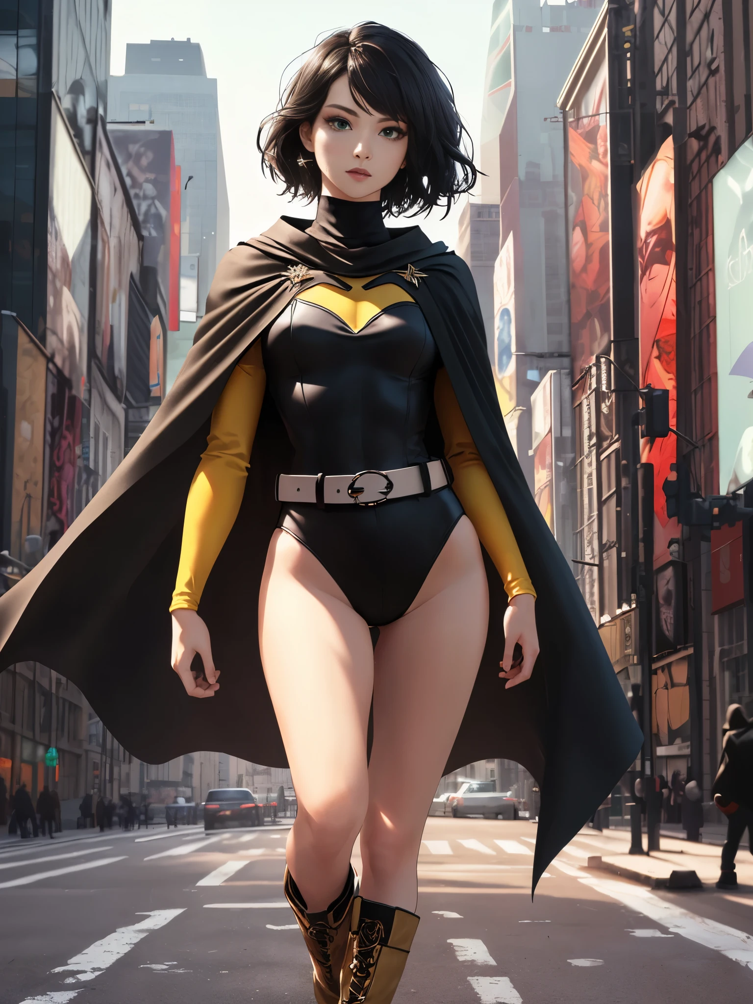 ((best quality)), ((masterpiece)), ((ultra realistic)), (dynamic standing pose), (solo), german, beautiful detailed face, detailed eyes, sexy model, ((black leotard, long sleeves)), new york city backdrop, highly detailed, professional, bare legs, (full body), black hair, short hair, green eyes, matching boots, long sleeves, (yellow hawk-shaped crest engraved on chest), black cape, turtleneck, medium cleavage cutout