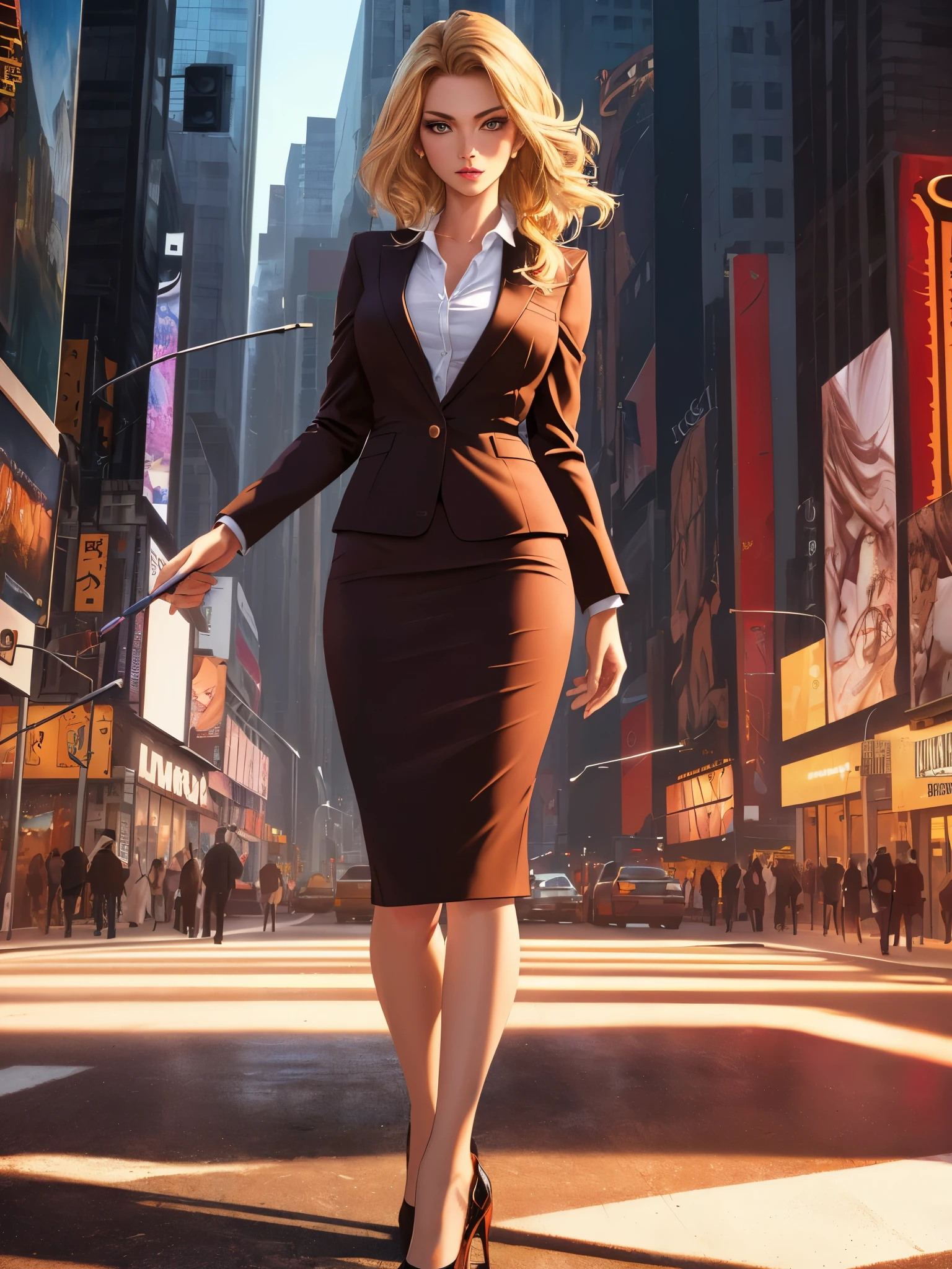 ((best quality)), ((masterpiece)), ((ultra realistic)), (dynamic sexy pose), german, beautiful detailed face, detailed eyes, sexy model, dressed in a brown suit, pencil skirt, new york city backdrop, highly detailed, professional, bare legs, (full body), standing, blonde hair, medium hair, hazel eyes, matching shoes, cowboy shot,