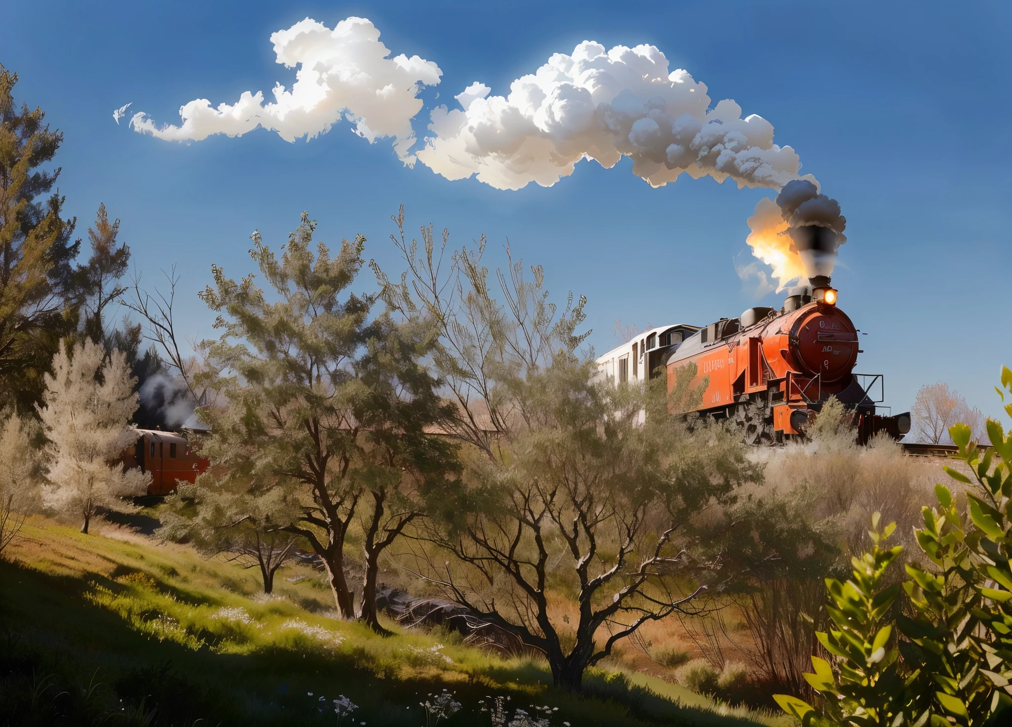 red and white locomotive with white smoke exiting the chimney, in the country, hyperrealistic photo, high detail, 8k