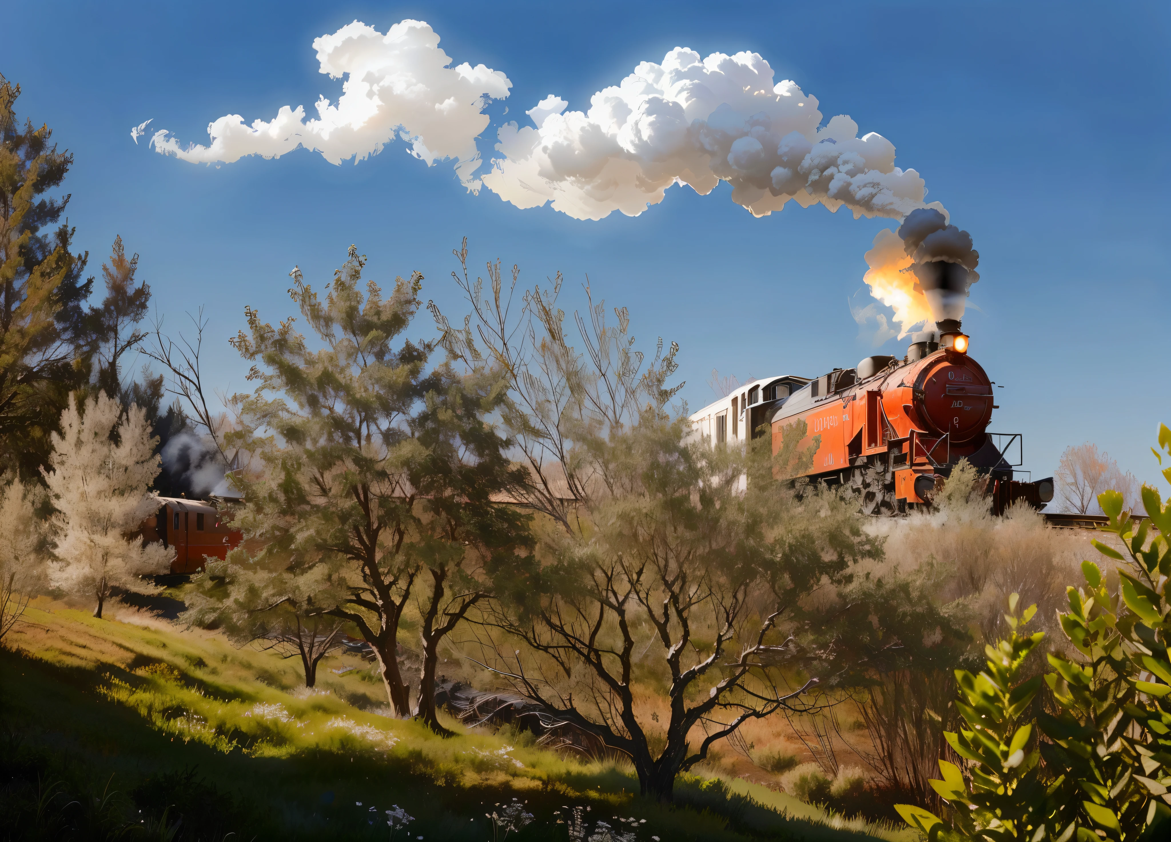 red and white locomotive with white smoke exiting the chimney, in the country, hyperrealistic photo, high detail, 8k