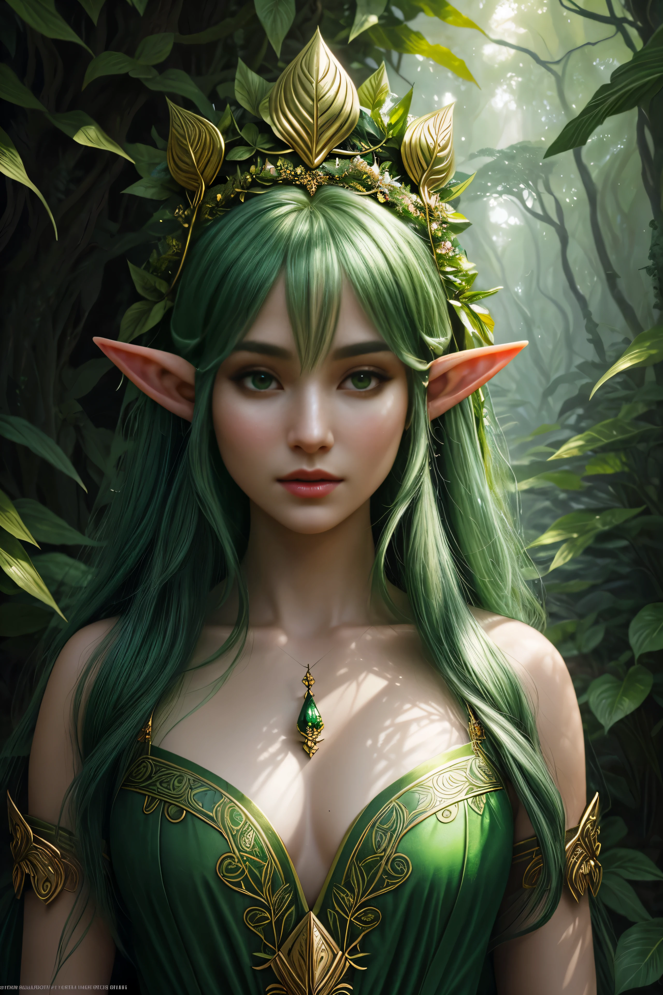 'an elf in a vegetative forest' in the style of kobe kasner, in the style of lush detailing, distinctive noses, detailed fantasy art, traditional oceanic art, high detailed, close-up, light gold and green