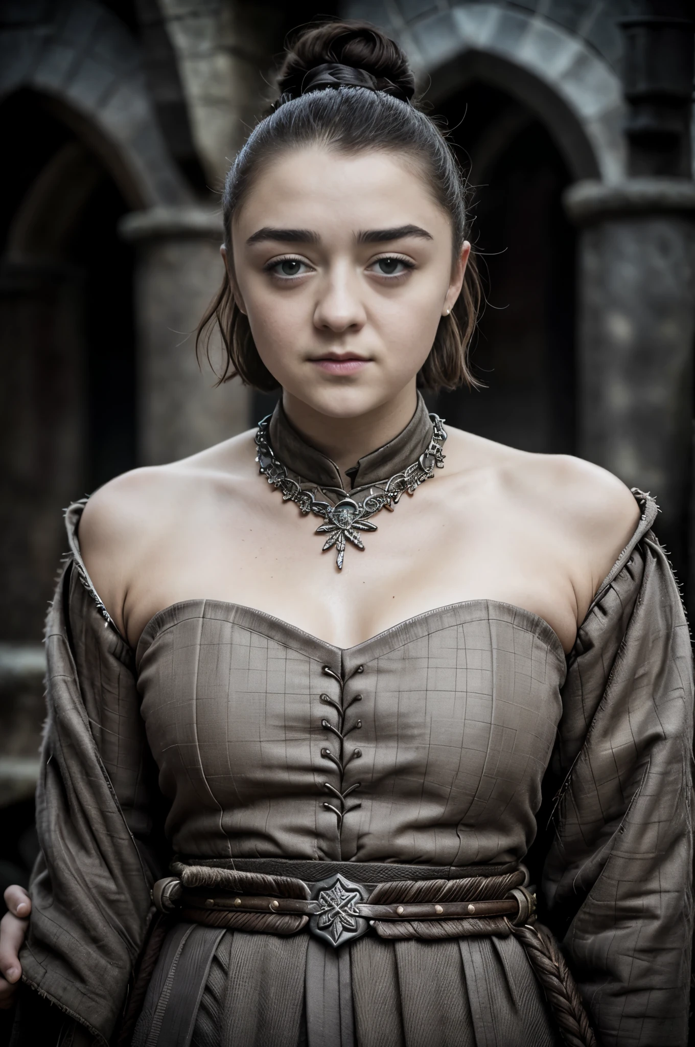 Foto RAW, RAW photograph of Maisie Williams, Arya Stark, Extremely gorgeous lady, Arya Stark PLAYED BY MAISIE WILLIAMS, Queen Arya Stark, she  a mature woman now, milf, sexy mediaeval battle dress, gladiator woman, body, 40 years old Woman, body revealing costumes, perky breast, skin pores, big natural breast, erotic costumes, lusty physique, seductive figure can capture every people's attention, Game of thrones costumes, revealing captivating figure, Mediaeval costumes, revealing clothes, A tomboy, she would rather fence than dance, warrior queen , game of thrones screen caps, Game of Thrones Series, (pele altamente detalhada: 1.2), 8k UHD, DSLR, soft-lighting, alta qualidade, grain of film, Fujifilm XT3, flawless picture, highly detailed, detailed Beauty, intricate, 32k, sharp picture,