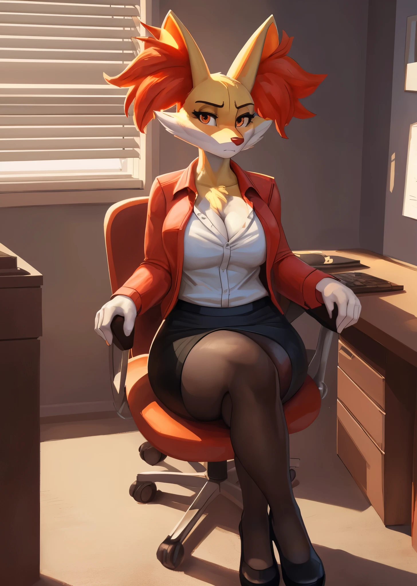 [Delphox], [pokemon], [Uploaded to e621.net; (wamudraws), (Pixelsketcher), (mayosplash)], ((masterpiece)), ((HD)), ((high res)), ((solo portrait)) ((front view)), ((full body)), ((feet visible)), ((furry; anthro)), ((detailed fur)), ((detailed shading)), ((beautiful render art)), {female anthro fox; (yellow fur), red ear fluff, (cute bright orange eyes), (medium boobies), (curvy hips), (beautiful legs), (intimidating glare), (frown)}, {(white button-up shirt), (short sleeves), (cleavage), (tight black pencil skirt), (black heels)}, {(sitting on office chair), (hands in lap), (crossed legs), (looking at viewer)}, [background; (office, (window), (blinds on window), (blue sky), (sun rays), (ambient lighting)]