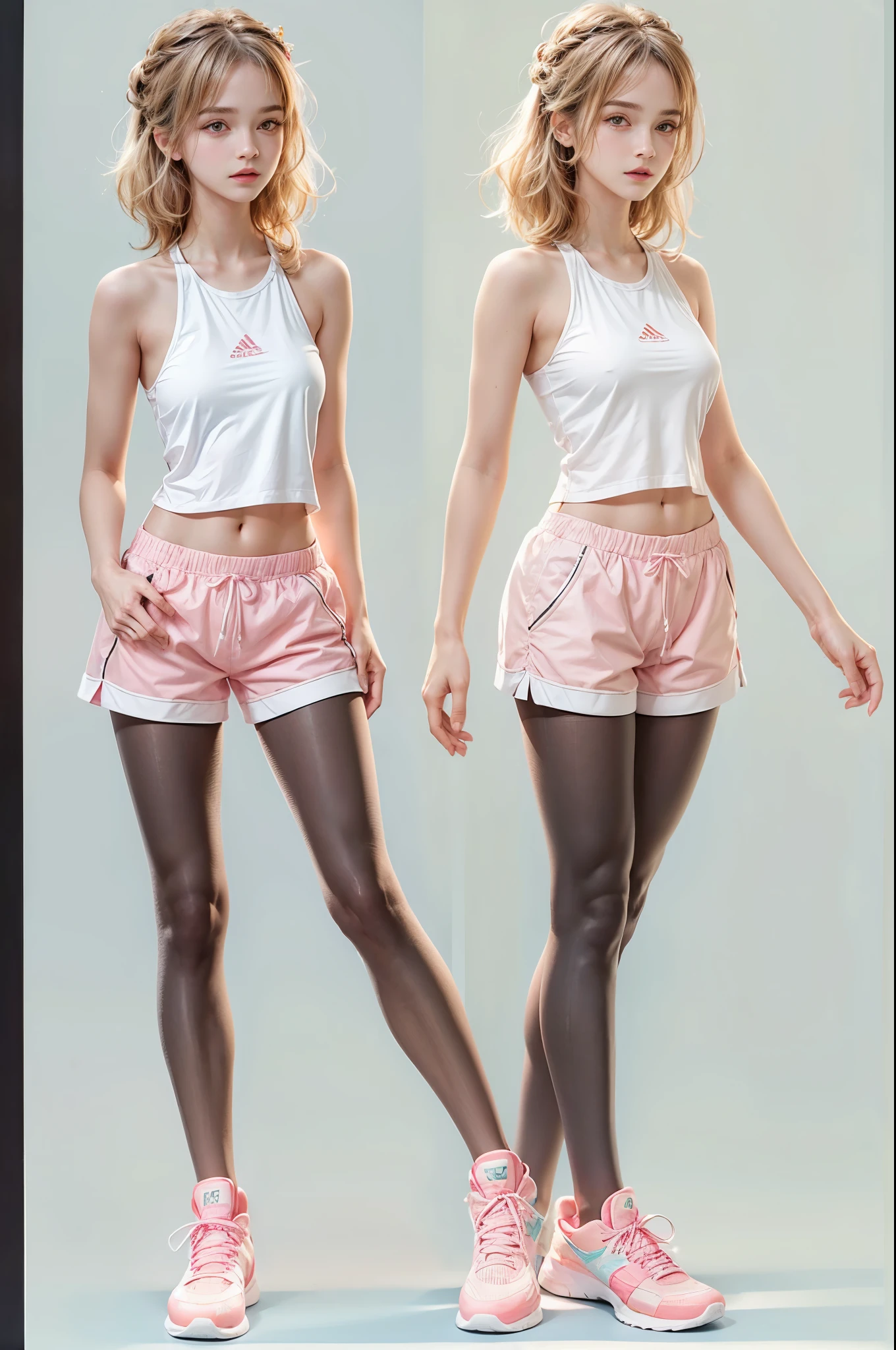 masterpiece, best quality, high quality, High definition, High quality texture, High quality shadow, high detail, beautiful detailed, finely detailed, extremely detailed cg, detailed texture, a realistic representation of the face, realistic, colorful, delicate, sharp focus, (intricate details, makeup, PureErosFace_V1:0.5), (detailed beautiful delicate face, detailed beautiful delicate eyes, a face of perfect proportion, high detailed skin, detailed skin, best ratio four finger and one thumb, skiny and thin:1.3), 1girl, 17 years old, tall, (smooth_abs:1.55), (abs:0.5), pretty, masterpiece, highres, (long_skinny_legs), (straight_legs), (skinny_waist), (((fair skin))), white skin, (((pale skin))), pink sports Bandeau, (school_uniform:swim_suits:0.5), white shorts, standing legs apart, looking at viewer, pink sports shoes, glasses, (Emma_watson), big_breast, (((Caucasian))), Light blonde hair, pink and white, sakura leaves