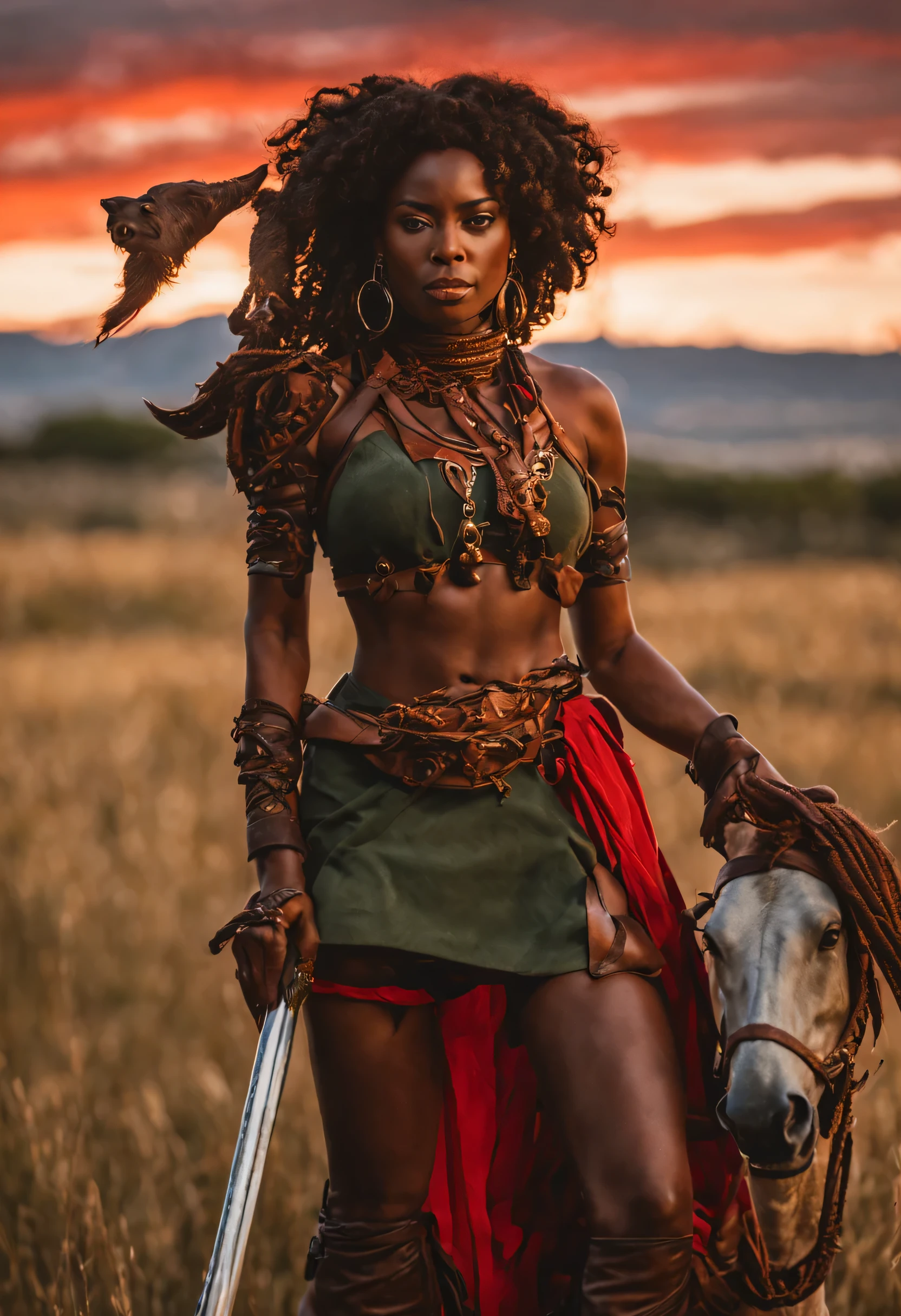 Lancero negro (Lanceira Negra 🧑🏿‍🦱💚❤️💛🇧🇷), cuerpo completo, Impresionante, hermosa mujer negra con pelo rizado, He wore dark brown braided leather armor that covered his chest.., bufanda de lana suelta como falda, red scarf tied around his forehead, light brown leather sandals, sosteniendo una lanza de madera con punta de metal, montando un caballo negro, En batalla, al atardecer, en un campo de la llanura pampeana, action scene, escena de pelicula, [prompt creado por Kico Toralles]