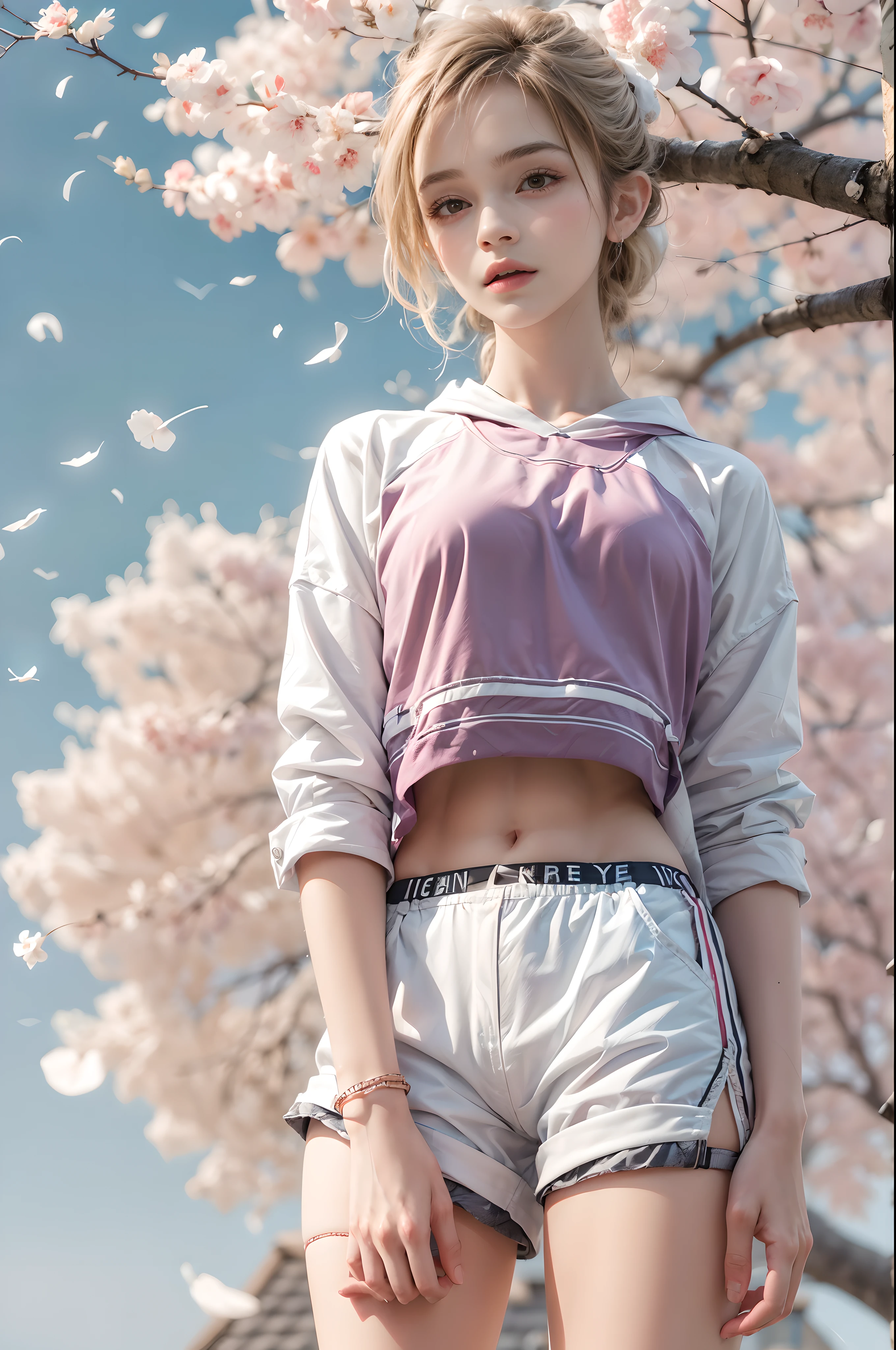 masterpiece, best quality, high quality, High definition, High quality texture, High quality shadow, high detail, beautiful detailed, finely detailed, extremely detailed cg, detailed texture, a realistic representation of the face, realistic, colorful, delicate, sharp focus, (intricate details, makeup, PureErosFace_V1:0.5), (detailed beautiful delicate face, detailed beautiful delicate eyes, a face of perfect proportion, high detailed skin, detailed skin, best ratio four finger and one thumb, skiny and thin:1.3), 1girl, , tall, (smooth_abs:1.55), (abs:0.5), pretty, masterpiece, highres, (long_skinny_legs), (straight_legs), (skinny_waist), (((fair skin))), white skin, (((pale skin))), pink sports Bandeau, (school_uniform:swim_suits:0.5), white shorts, standing legs apart, looking at viewer, pink sports shoes, glasses, (Emma_watson), big_breast, (((Caucasian))), Light blonde hair, pink and white, sakura leaves