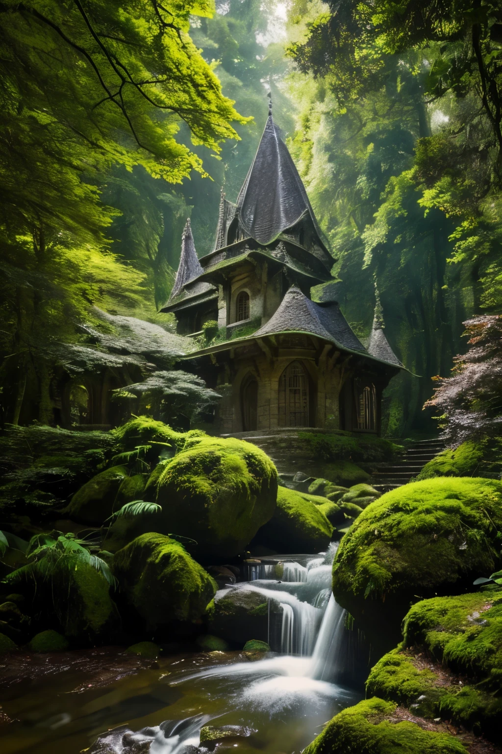 (best quality,4k,8k,highres,masterpiece:1.2), ultra-detailed, realistic, HDR, Castelo da Floresta, imposing structure, partially concealed among the trees, with towers, bridges, and secret passages, all designed to seamlessly blend into the natural surroundings, blending with nature, hidden in the forest, majestic appearance, medieval architecture, enchanting atmosphere, moss-covered stones, lush greenery, mysterious aura, sun rays peeking through the leaves, dramatic lighting, ancient stronghold, nature-inspired design, awe-inspiring, peaceful ambiance, harmonious integration with the environment, fairy tale-like, grandeur, tranquil haven, mystical charm.