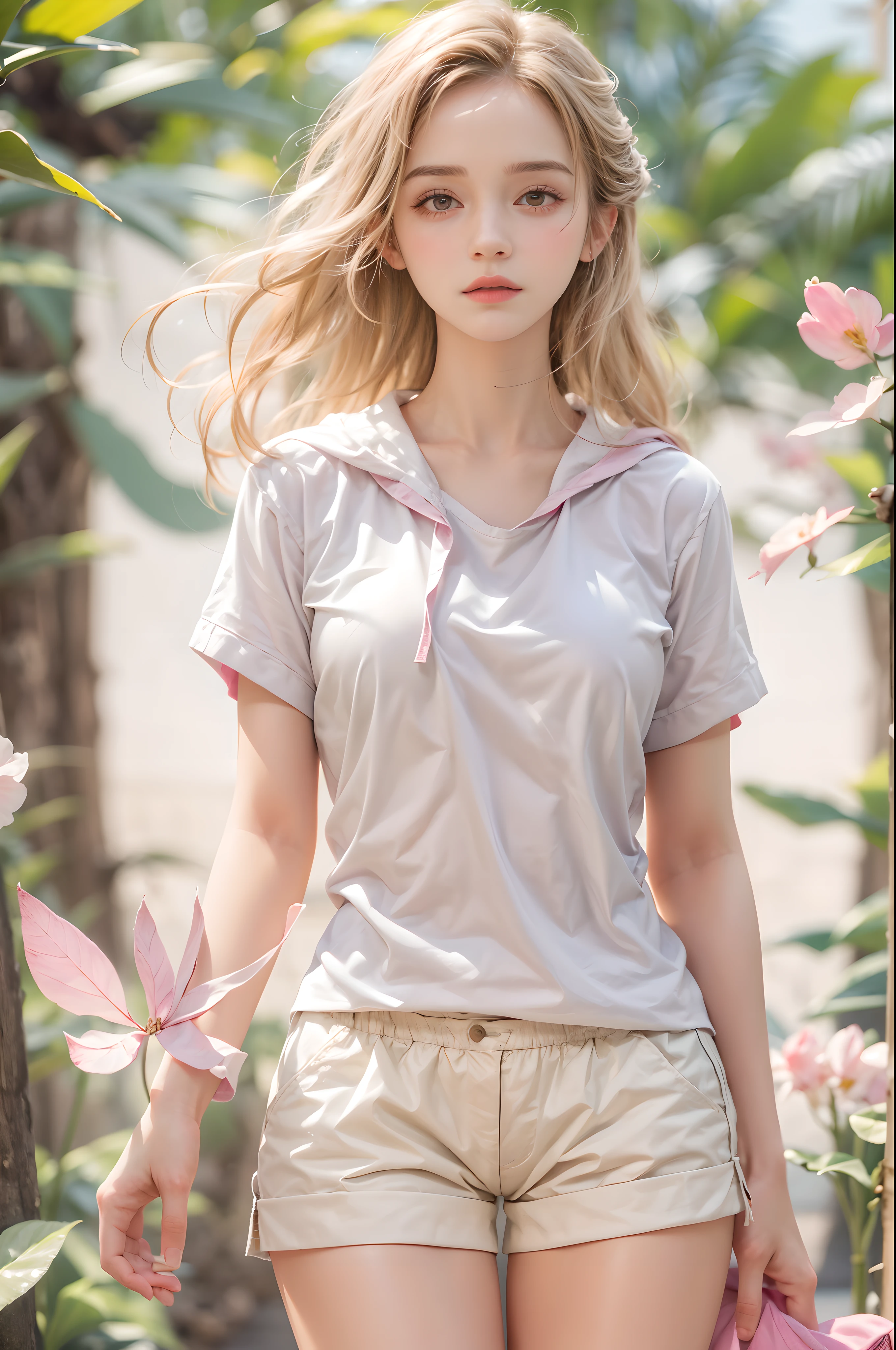 masterpiece, best quality, high quality, High definition, High quality texture, High quality shadow, high detail, beautiful detailed, finely detailed, extremely detailed cg, detailed texture, a realistic representation of the face, realistic, colorful, delicate, sharp focus, (intricate details, makeup, PureErosFace_V1:0.5), (detailed beautiful delicate face, detailed beautiful delicate eyes, a face of perfect proportion, high detailed skin, detailed skin, best ratio four finger and one thumb, skiny and thin:1.3), 1girl, , tall, (smooth_abs:1.55), (abs:0.5), pretty, masterpiece, highres, (long_skinny_legs), (straight_legs), (skinny_waist), (((fair skin))), white skin, (((pale skin))), pink sports Bandeau, (school_uniform:swim_suits:0.5), white shorts, standing legs apart, looking at viewer, pink sports shoes, glasses, (Emma_watson), big_breast, (((Caucasian))), Light blonde hair, pink and white, sakura leaves