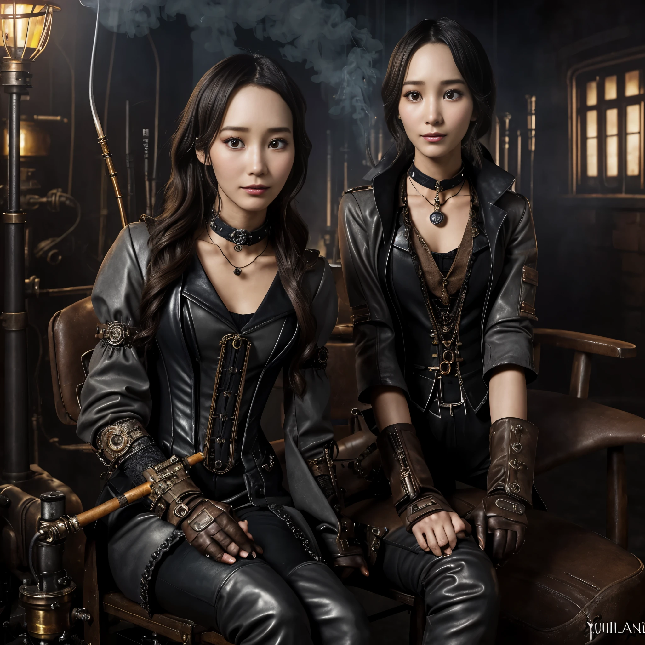 Super realism, perfect anatomy, Real people, very high contrast lighting, Cinema lighting, dramatic lighting, contour, shot from behind, Shot from below, (((Girl sitting on chair with legs crossed and smoking cigarette))), (A 19-year-old girl, (Yui Aragaki:1.5), (Brunette Asian girl:1.1)), expression of stern contempt, (perfect eyes:1.1), Realistic wavy hair, a girl in a Steampunk jumpsuit in light gray color, Steampunk choker, Black stiletto over-the-knee leather boots, black leather gloves，Perfect and detailed face shape, Detailed symmetrical black eye and round iris, fixing a steam engine in the Steampunk garage filled with steam and smoke, cogs and gears, steaming hot background with lots of steam pipes and steam valves and pressure gauges and gears, intricate background, very highly detailed costume, Very detailed background, Steampunk fantasy style, Steampunk , Steampunk aesthetic, steaming hot,